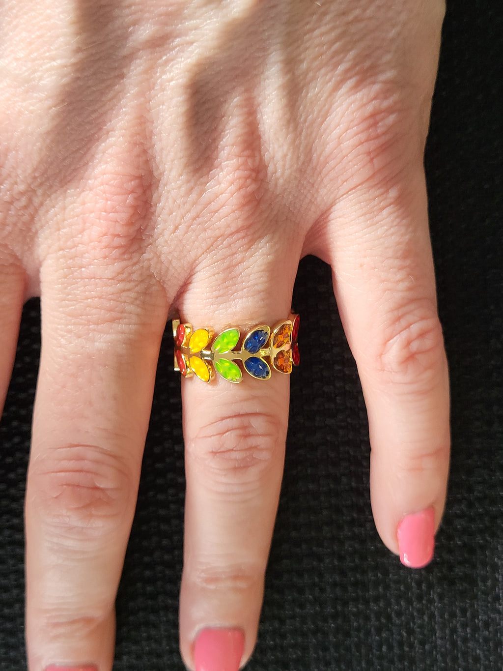 Bague acier inoxydable feuilles multicolores