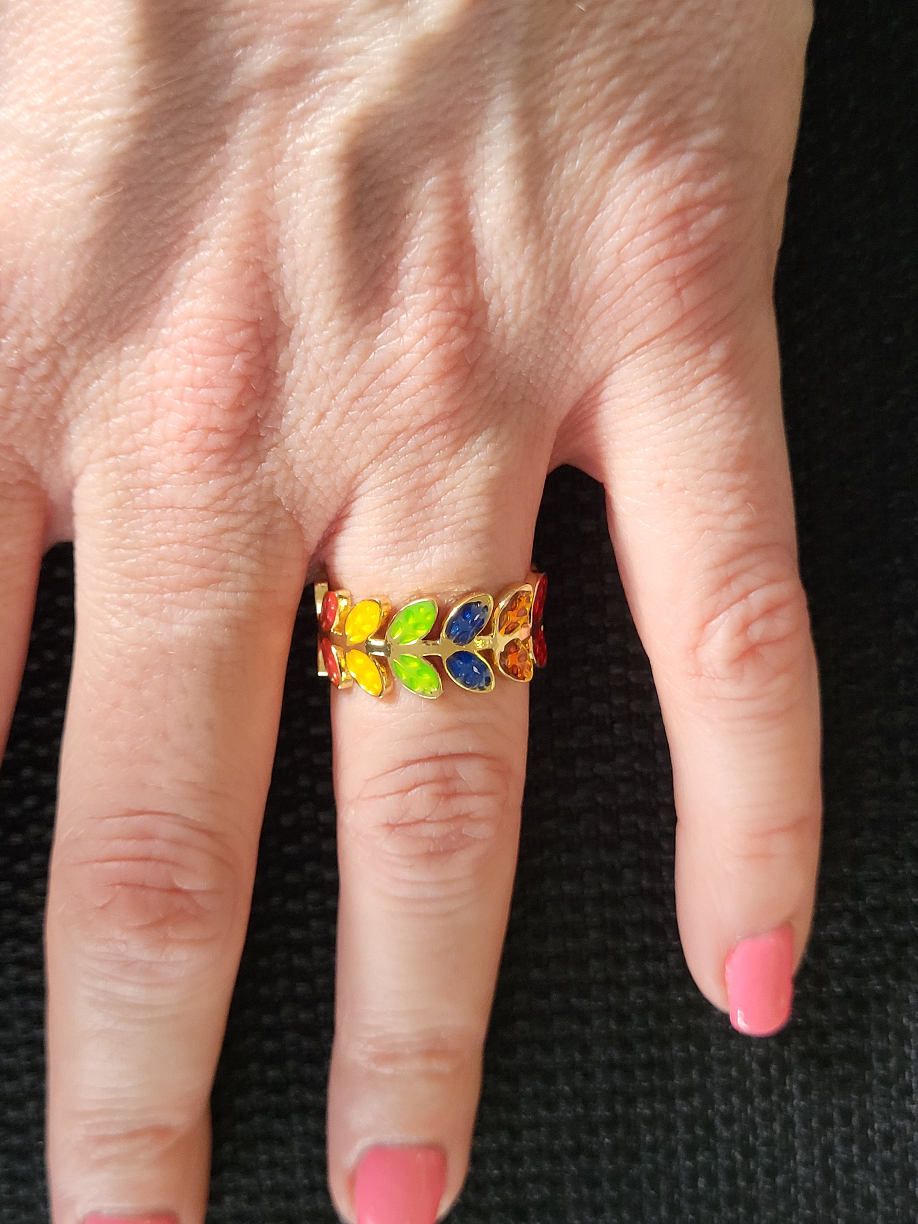 Bague acier inoxydable feuilles multicolores