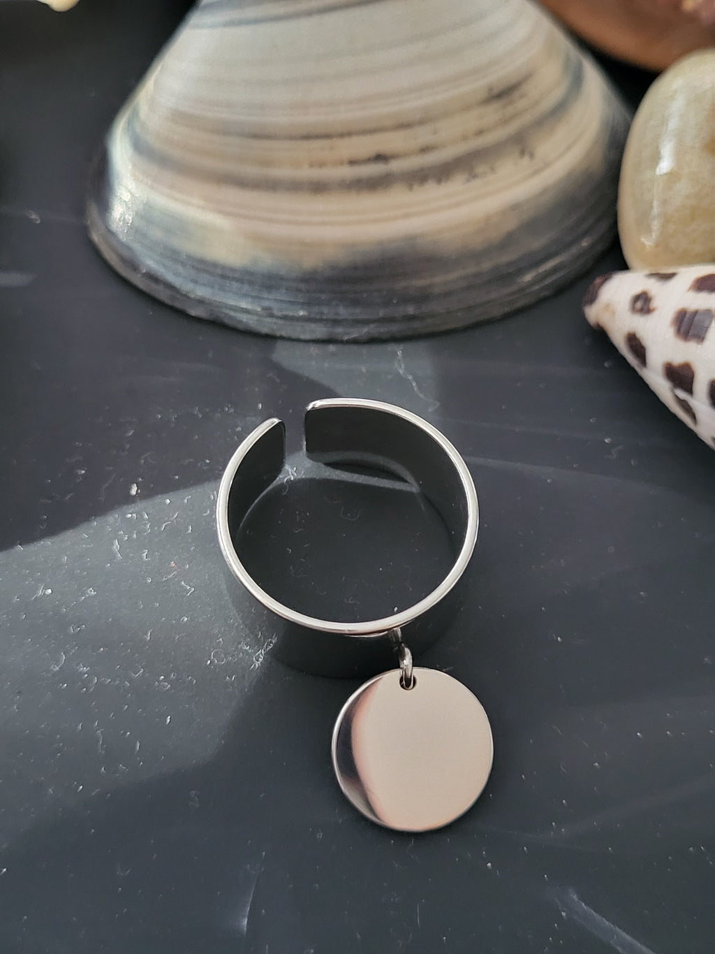 Bague ajustable acier inoxydable breloque ronde argenté