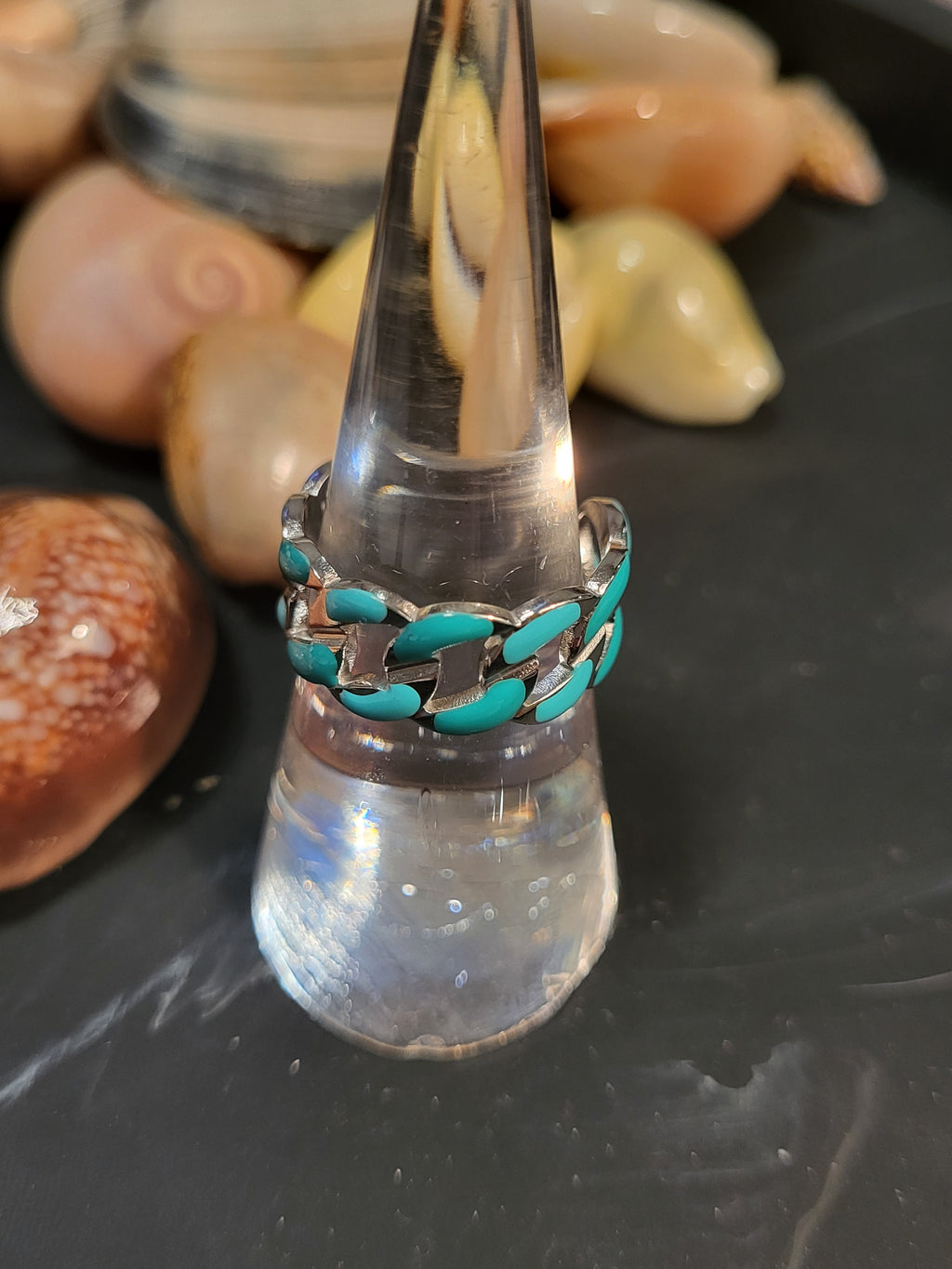 Bague chaîne acier inoxydable turquoise