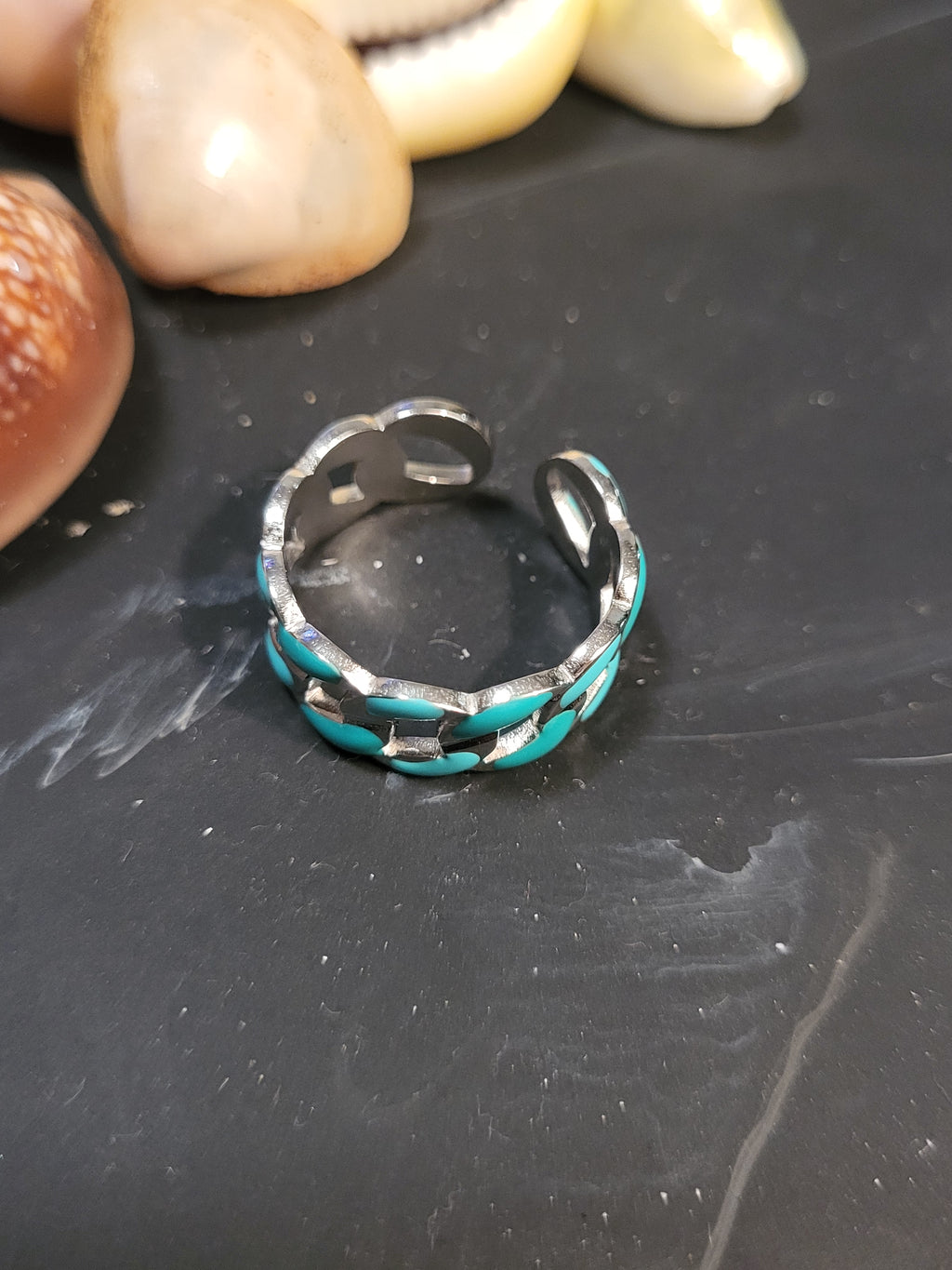 Bague chaîne acier inoxydable turquoise
