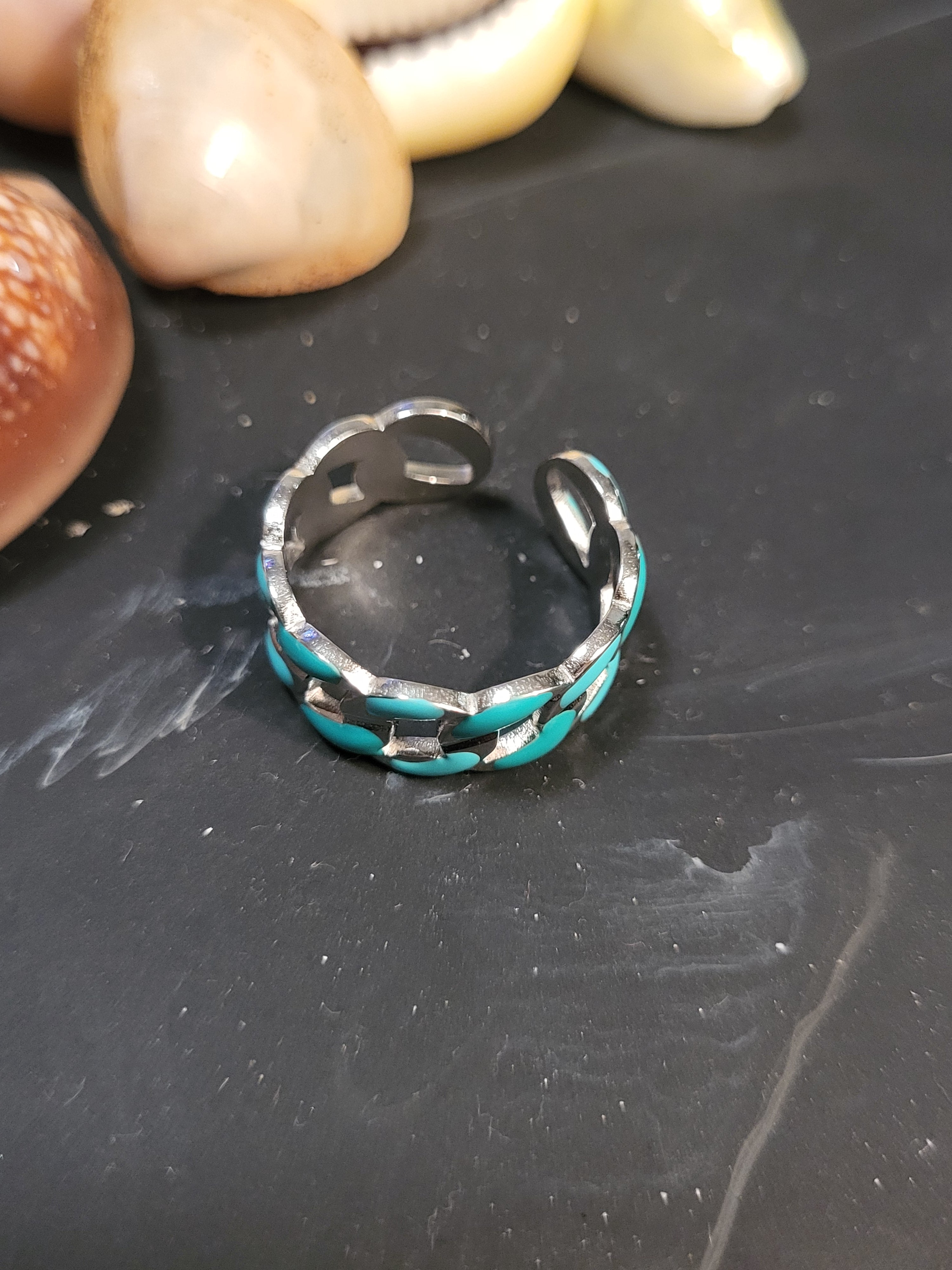 Bague chaîne acier inoxydable turquoise