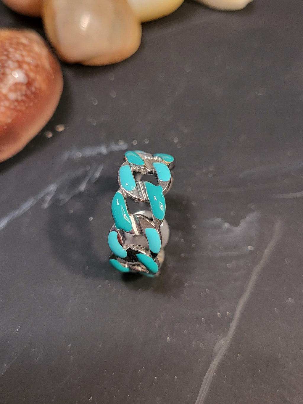 Bague chaîne acier inoxydable turquoise