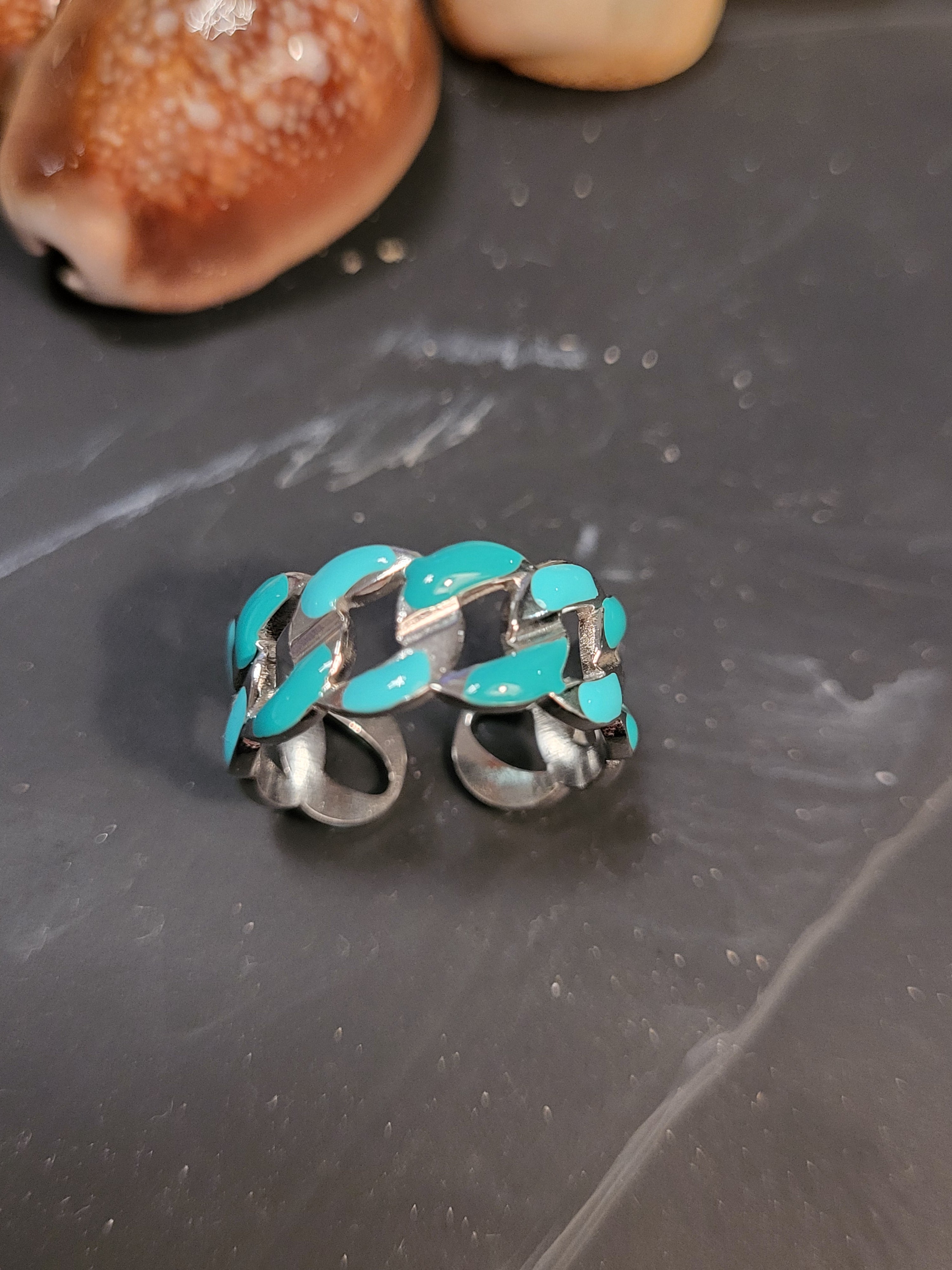 Bague chaîne acier inoxydable turquoise