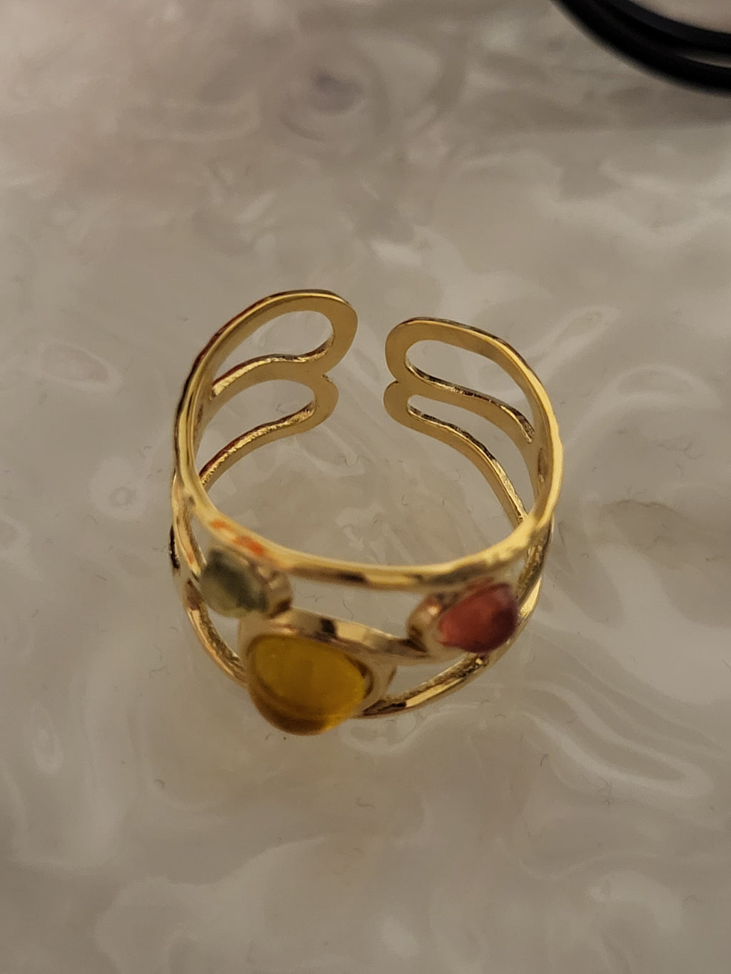 Bague ouverte acier inoxydable dorée géométrique avec pierres multicolores