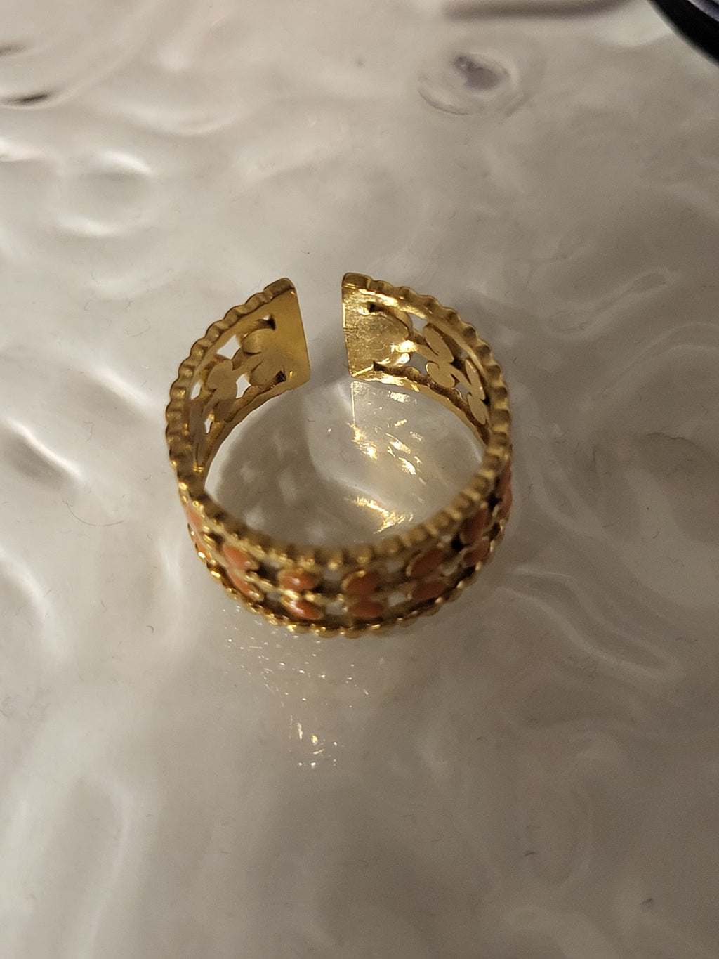 Bague ouverte acier inoxydable feuilles dorées et oranges