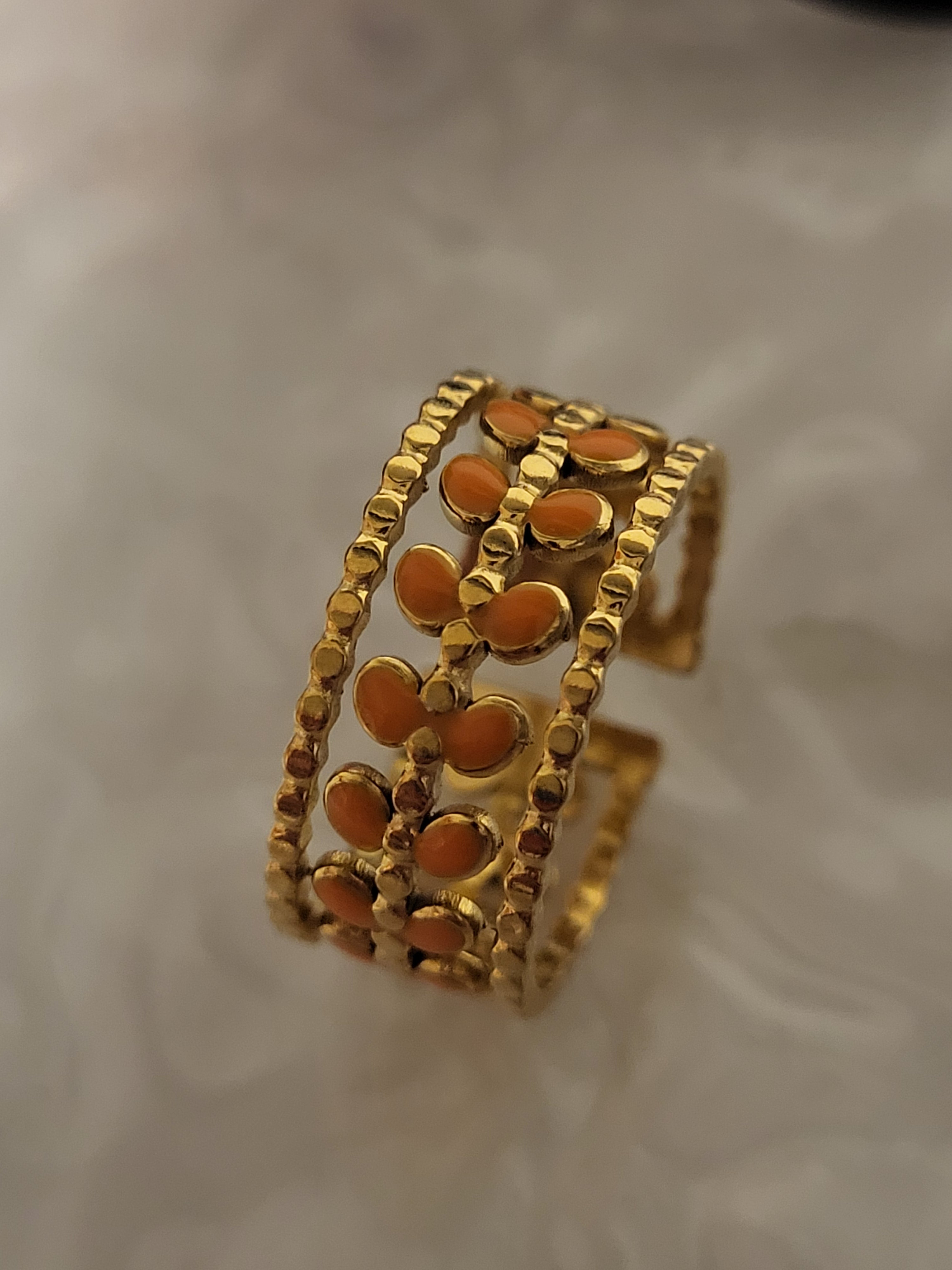 Bague ouverte acier inoxydable feuilles dorées et oranges