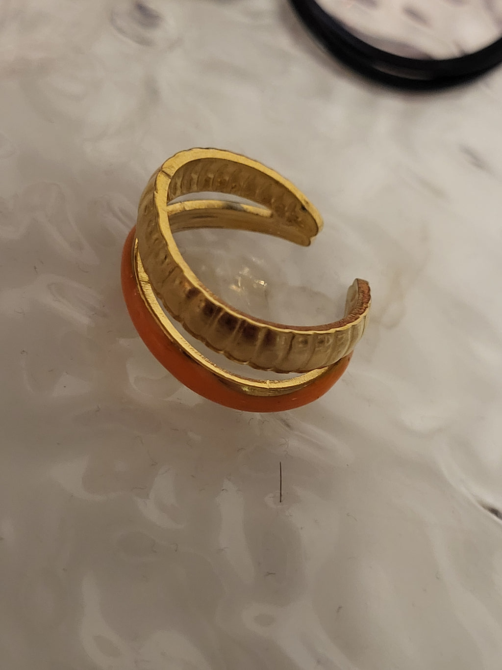 Bague ouverte acier inoxydable double anneau doré et orange