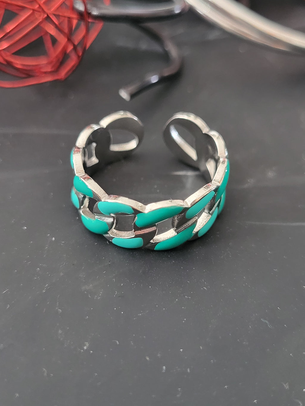 Bague chaîne acier inoxydable turquoise