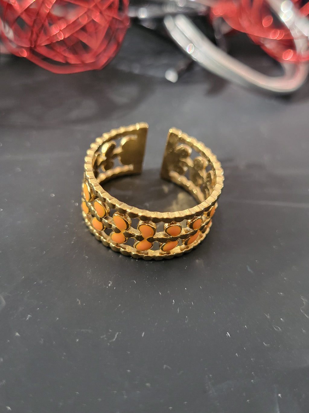 Bague ouverte acier inoxydable feuilles dorées et oranges