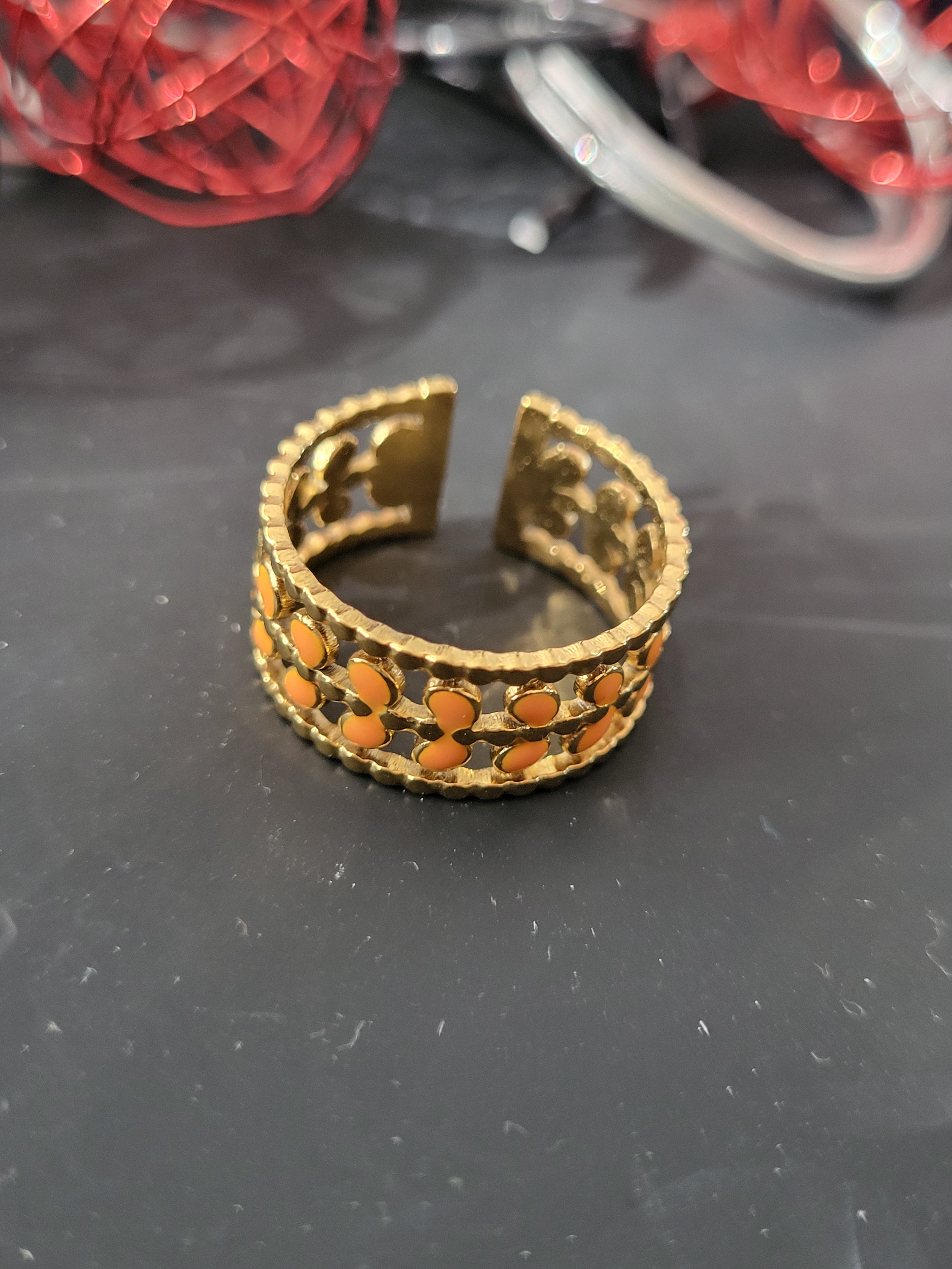 Bague ouverte acier inoxydable feuilles dorées et oranges