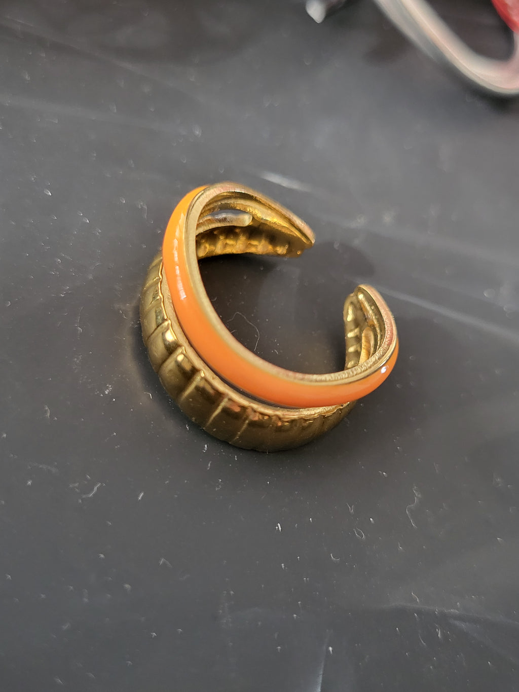 Bague ouverte acier inoxydable double anneau doré et orange