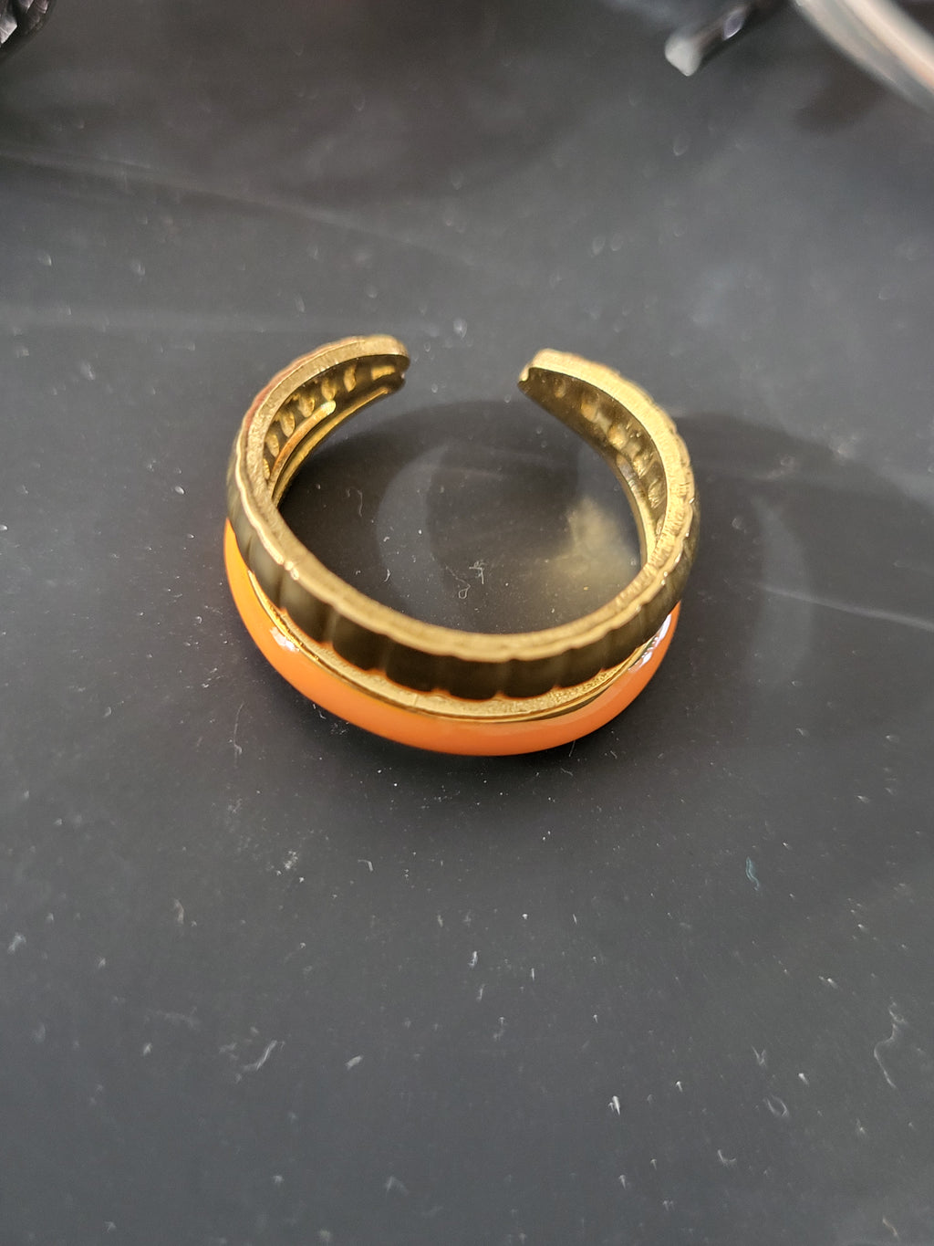 Bague ouverte acier inoxydable double anneau doré et orange
