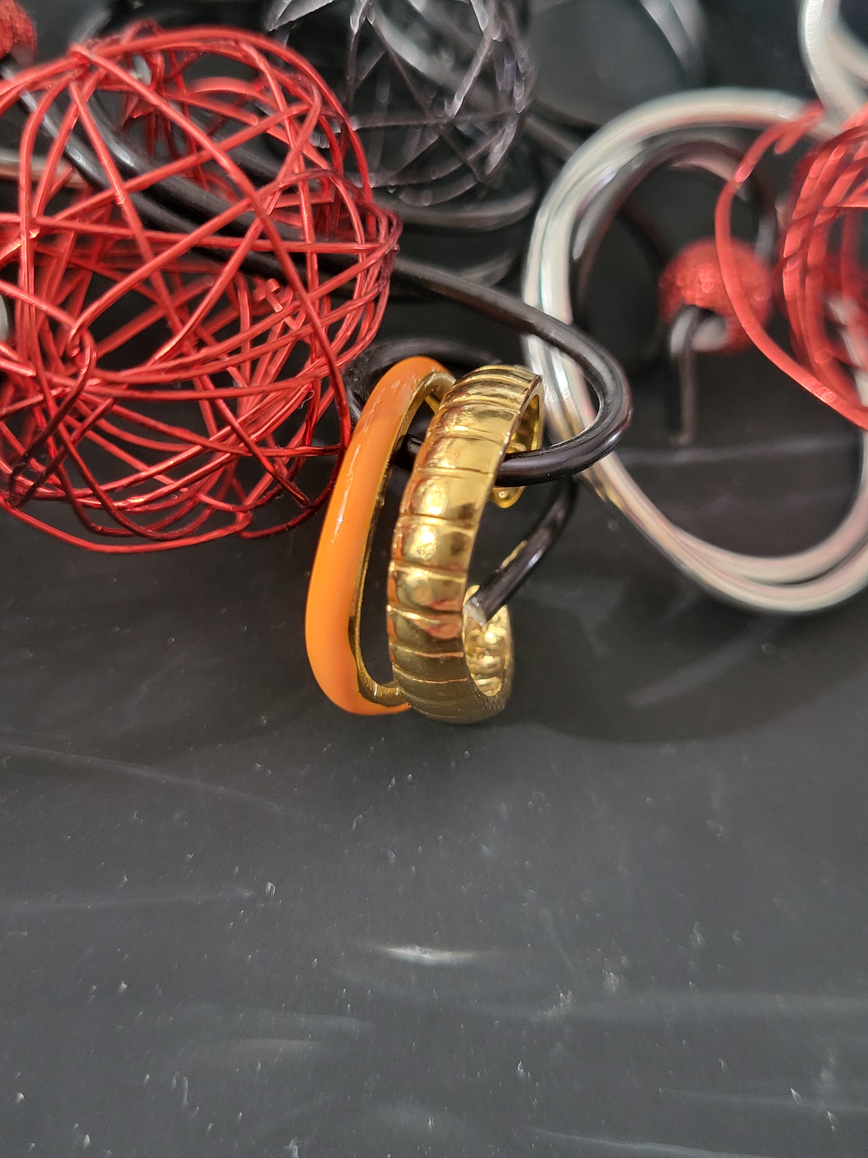 Bague ouverte acier inoxydable double anneau doré et orange