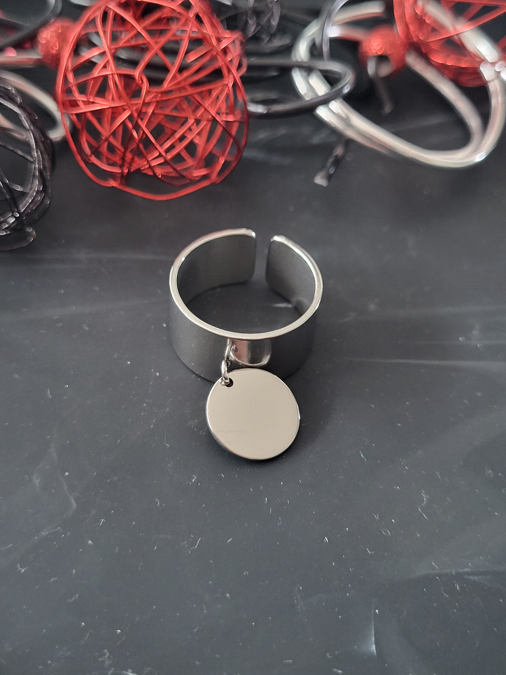Bague ajustable acier inoxydable breloque ronde argenté