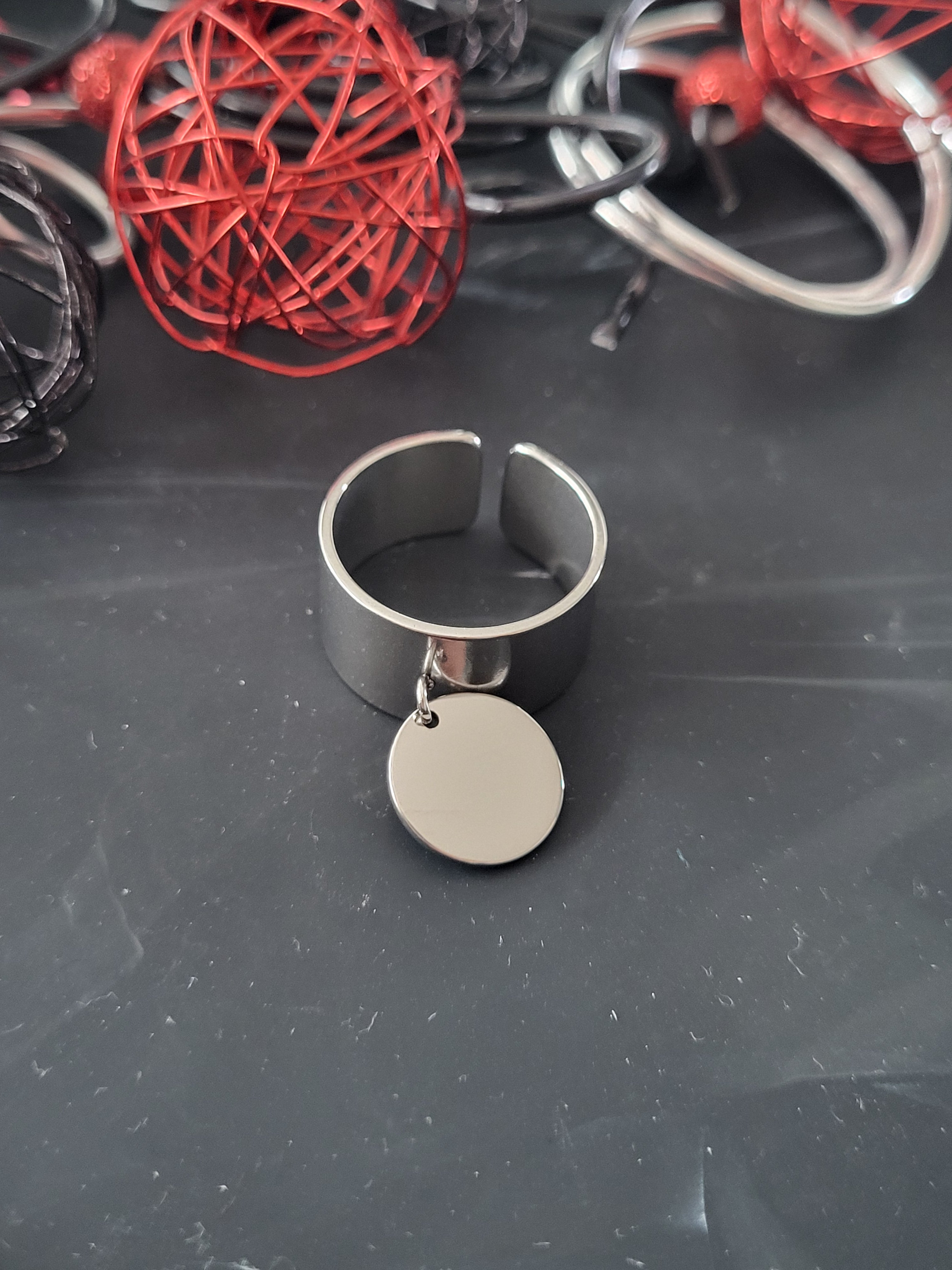 Bague ajustable acier inoxydable breloque ronde argenté