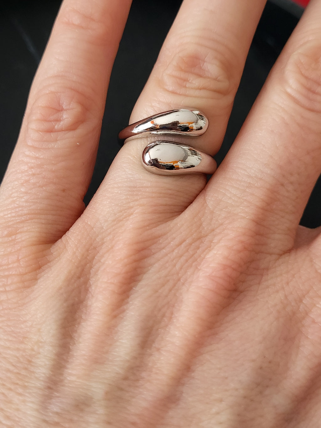 Bague acier inoxydable ajustable géométrique en forme de goutte argentée