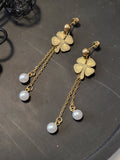 Boucles d'oreilles acier inoxydable trèfle à 4 feuilles et perles
