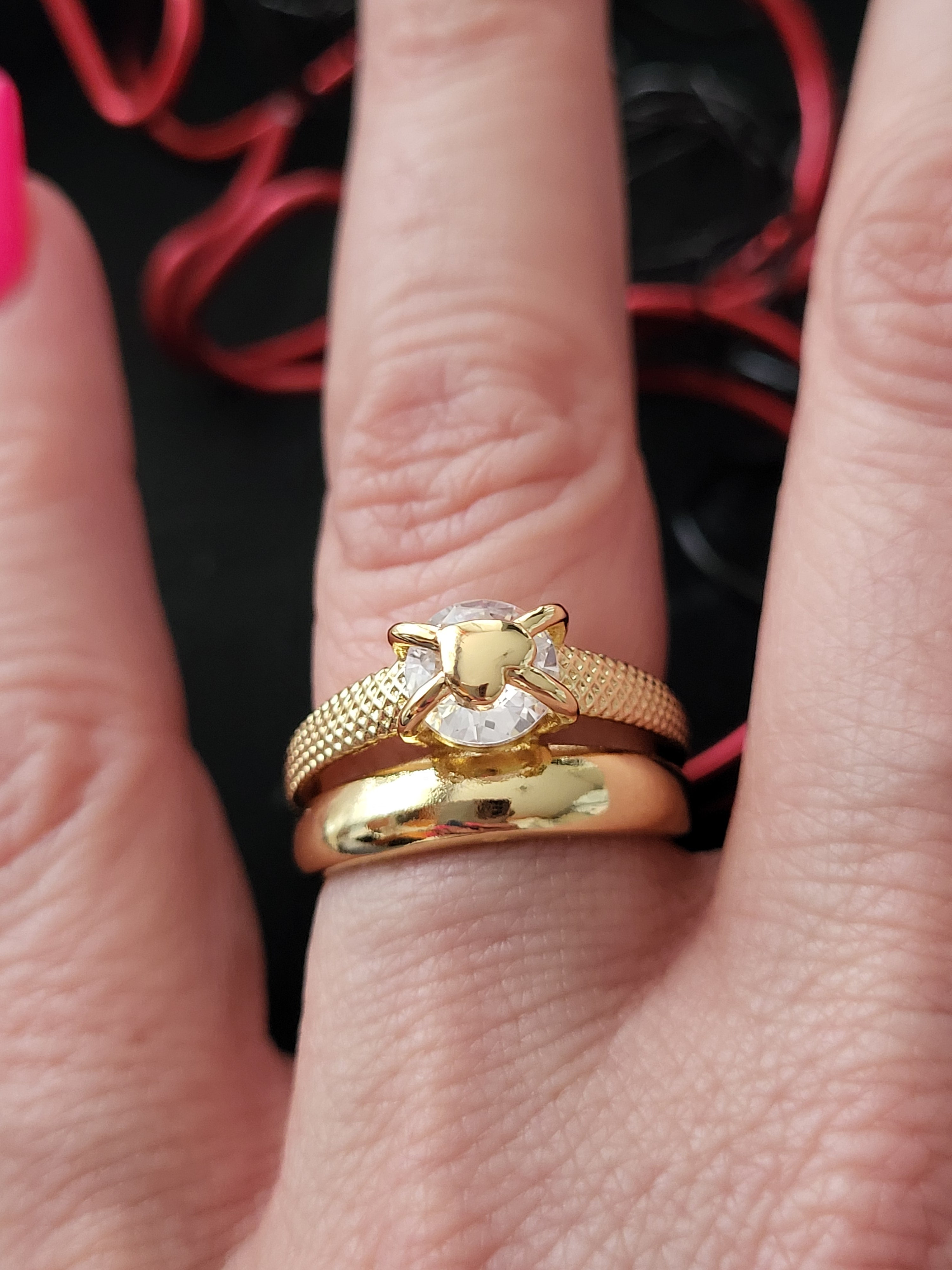 Bague réglable acier inoxydable double couche doré avec cœur