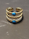 Bague ajustable acier inoxydable doré triple anneaux pierres bleues