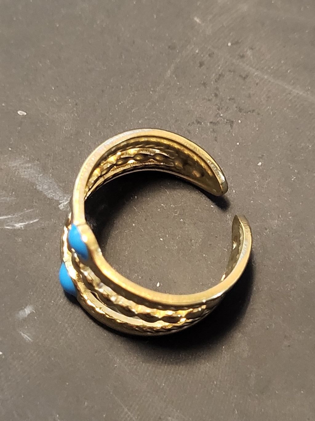 Bague ajustable acier inoxydable doré triple anneaux pierres bleues
