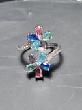 Bague ouverte acier inoxydable argenté avec fleurs multicolores