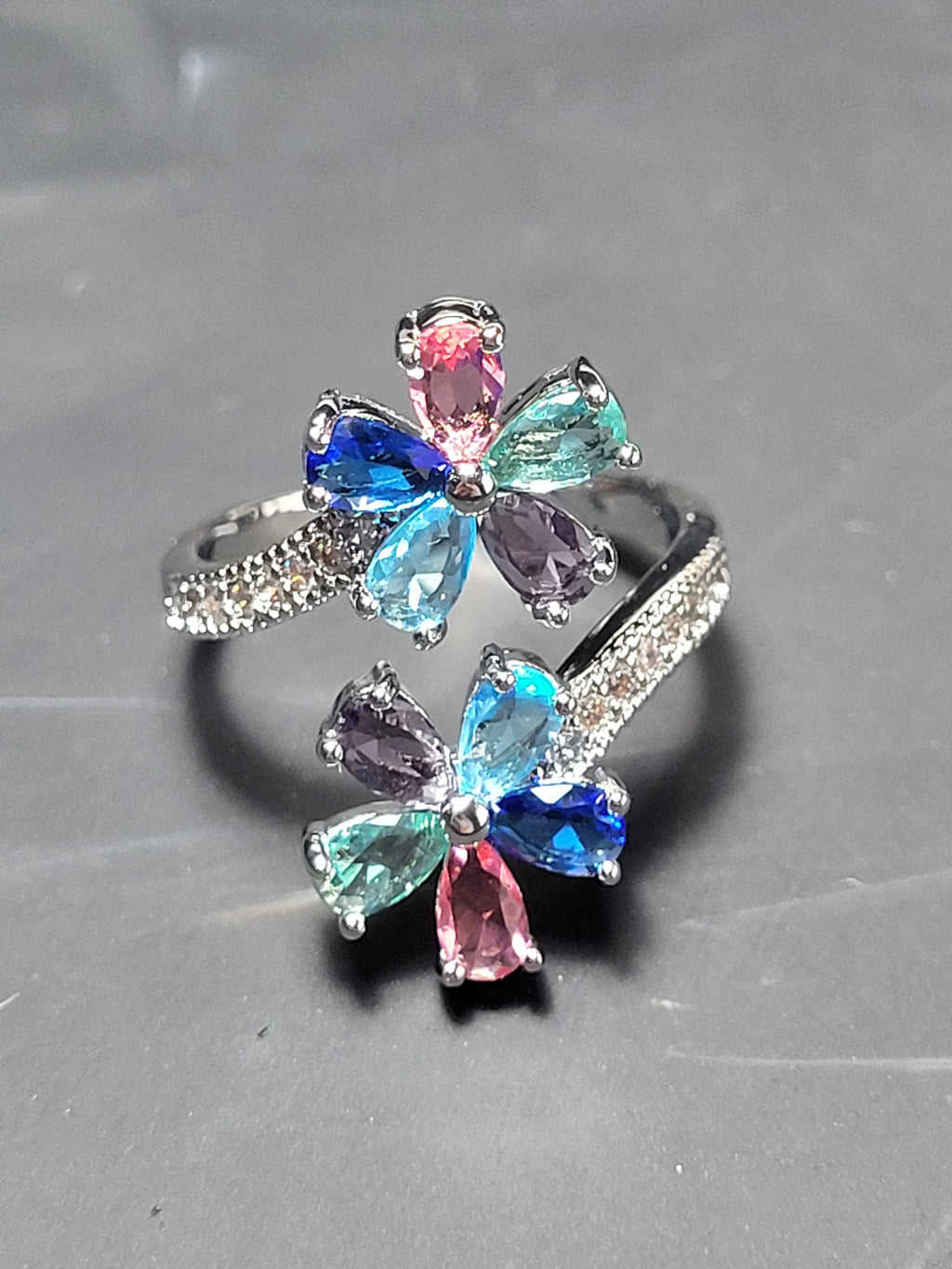 Bague ouverte acier inoxydable argenté avec fleurs multicolores