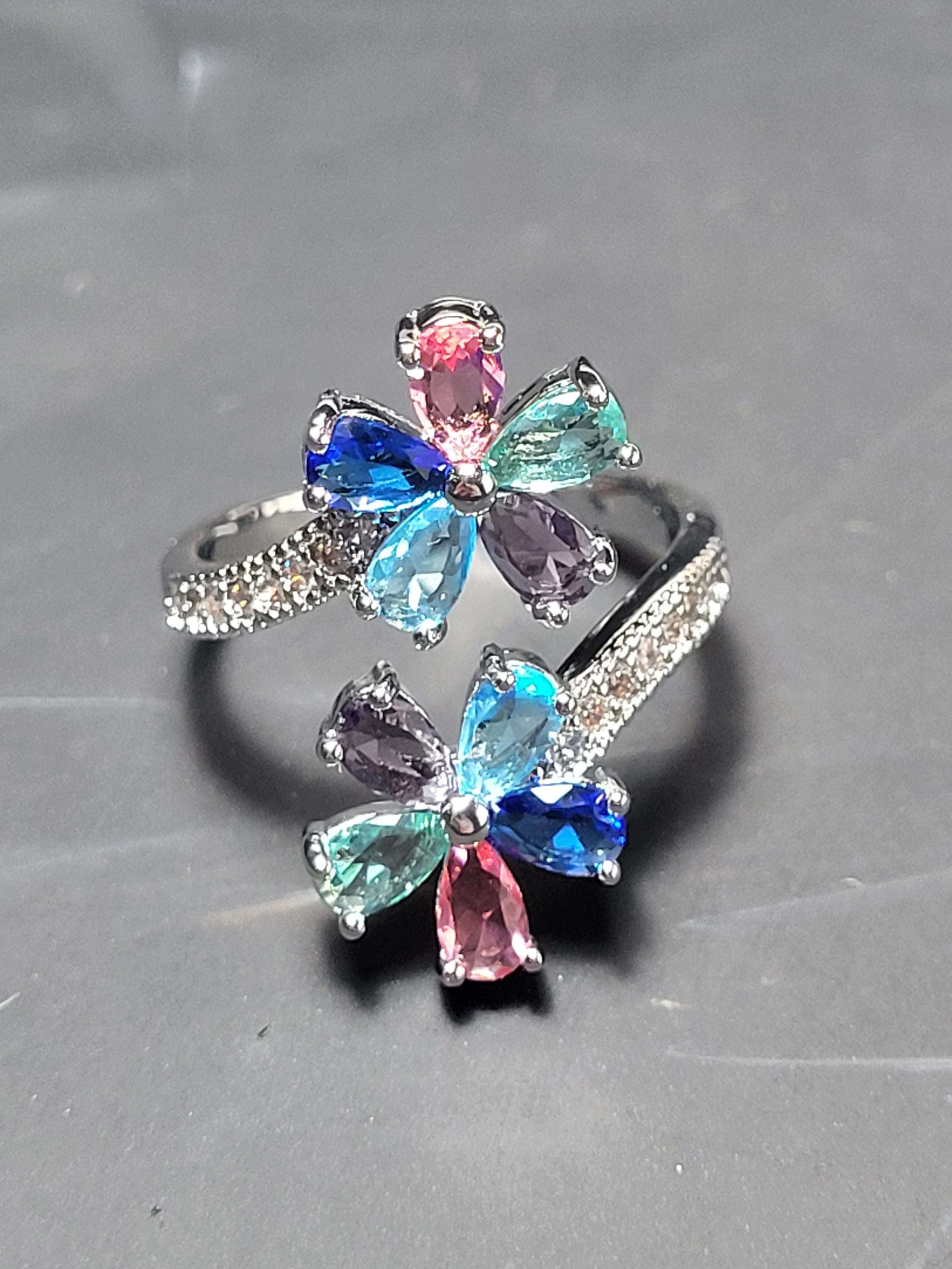 Bague ouverte acier inoxydable argenté avec fleurs multicolores