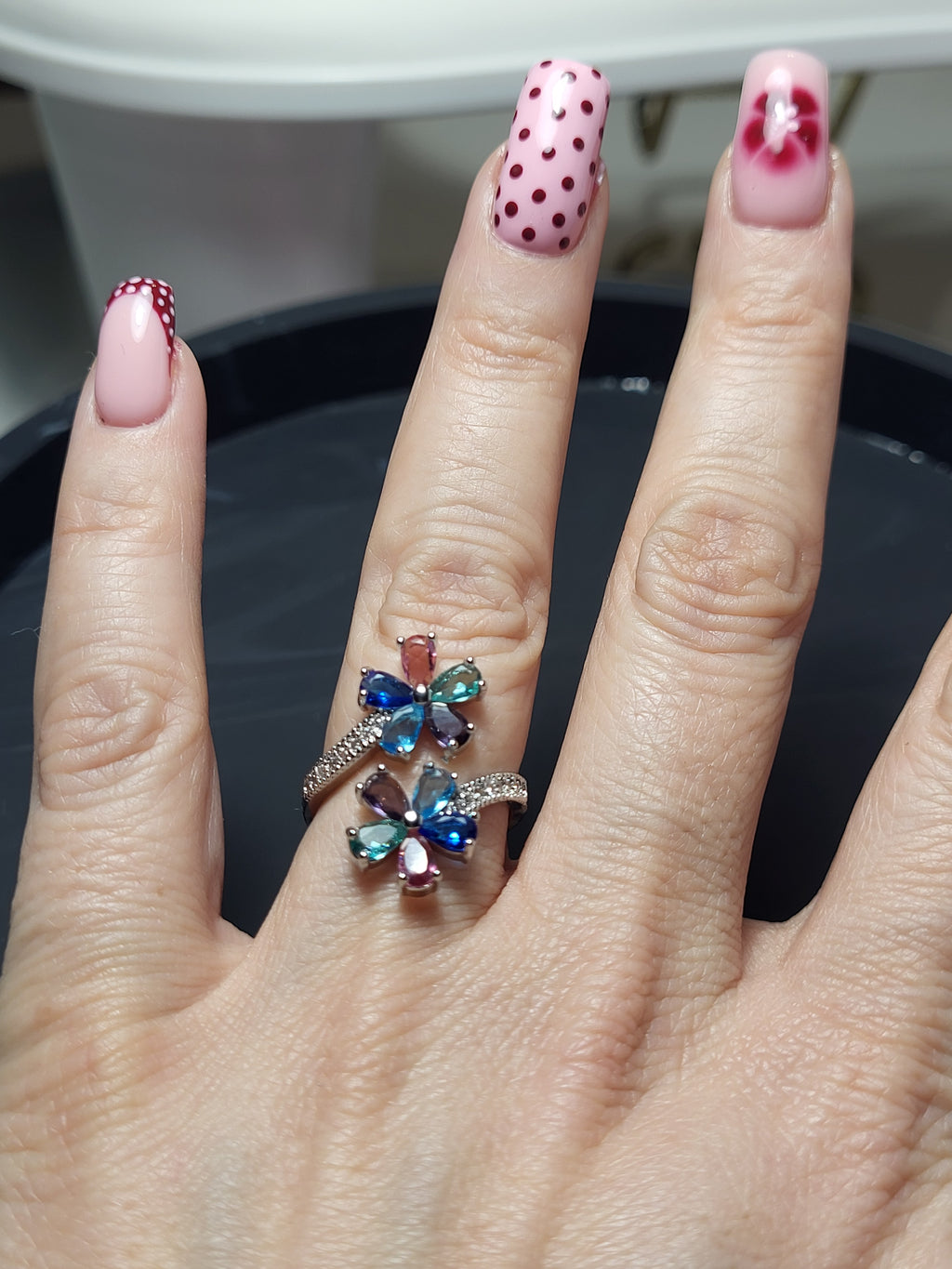 Bague ouverte acier inoxydable argenté avec fleurs multicolores