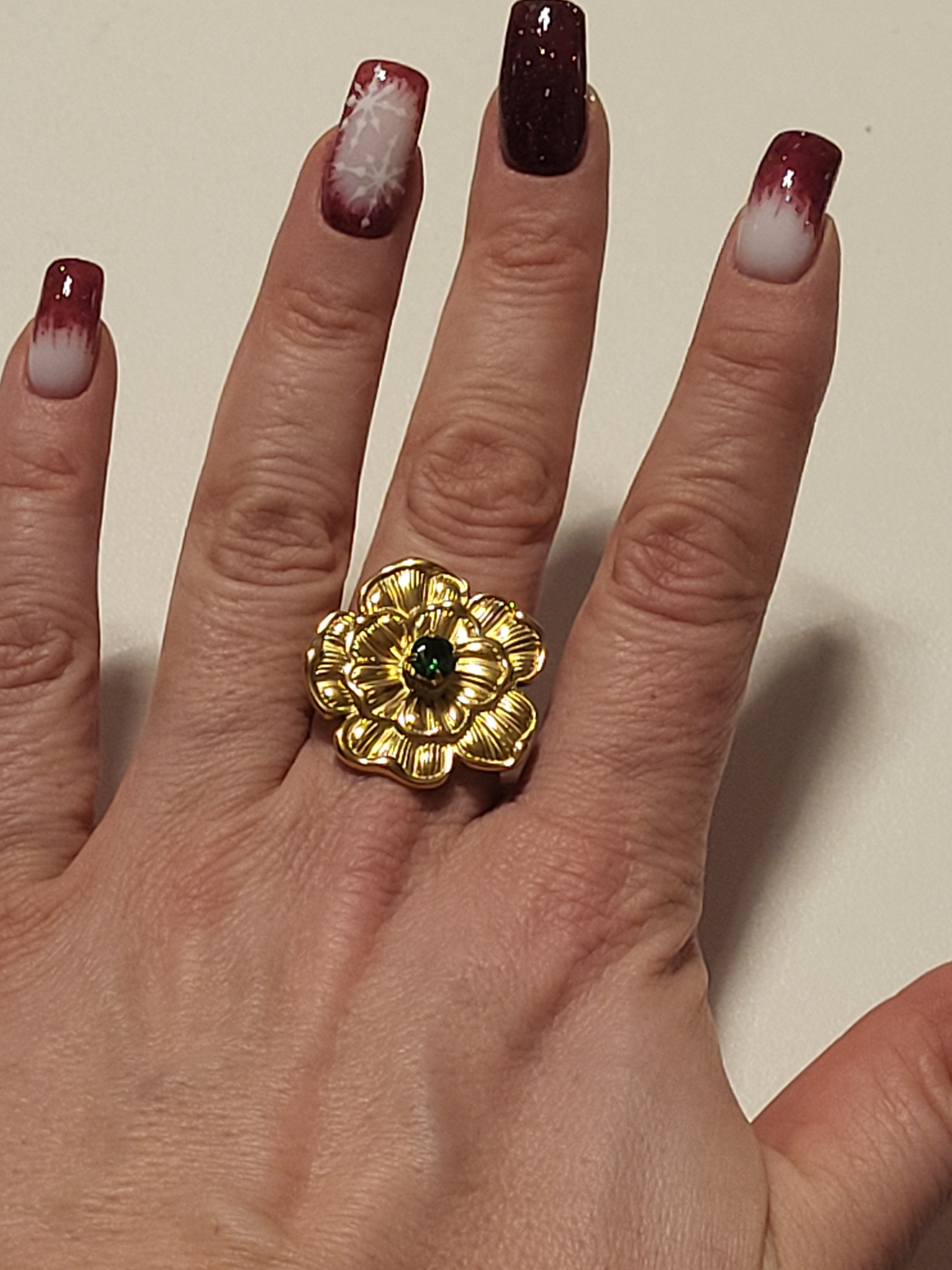 Bague acier inoxydable doré cœur zircon vert et doré
