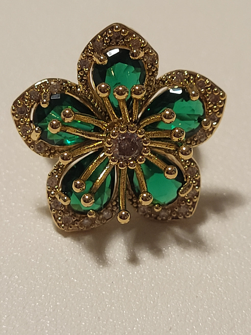 Bague acier inoxydable doré fleur zircon vert