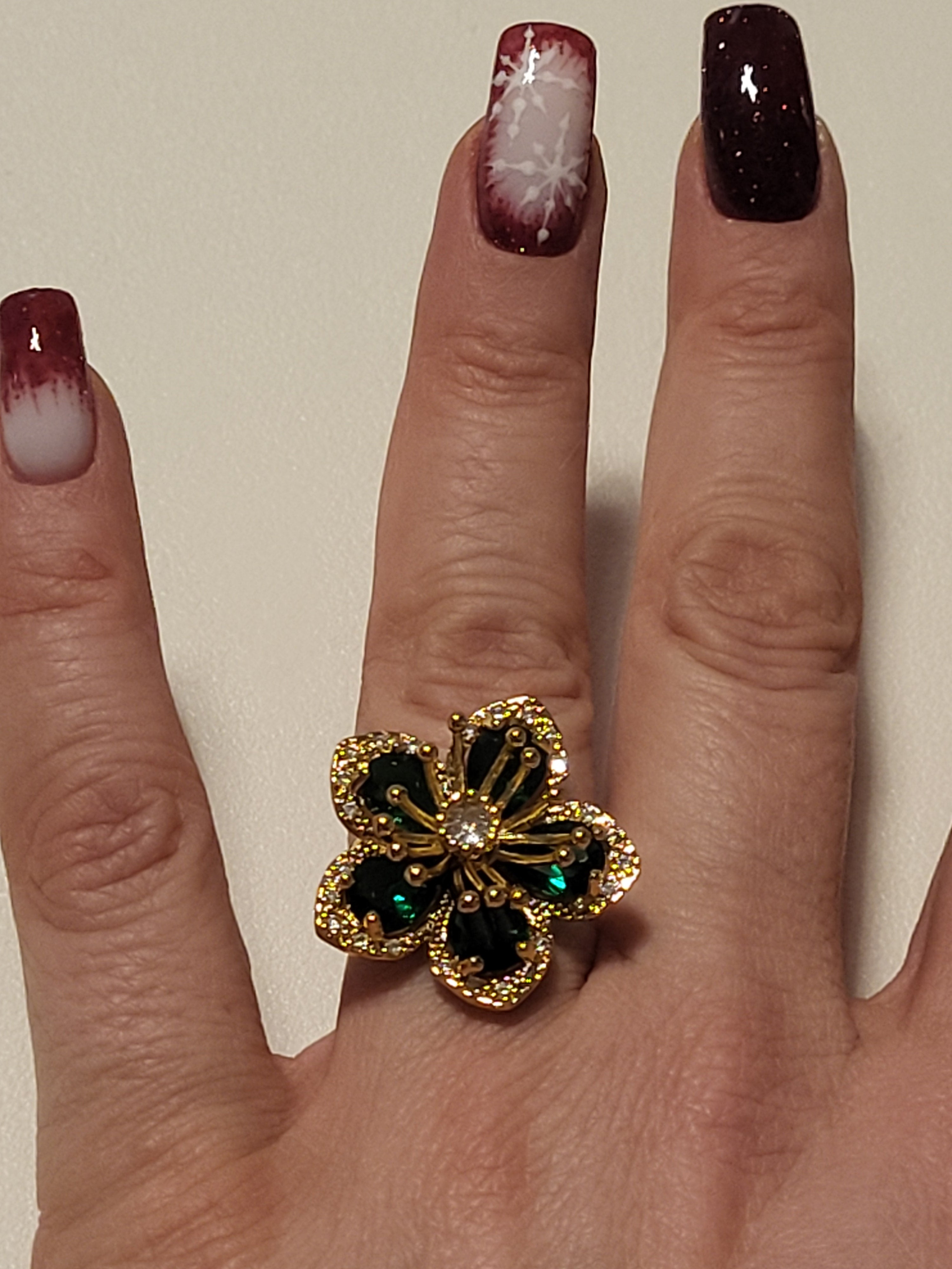 Bague acier inoxydable doré fleur zircon vert