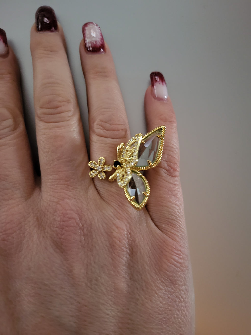 Bague ouverte acier inoxydable doré fleur papillon