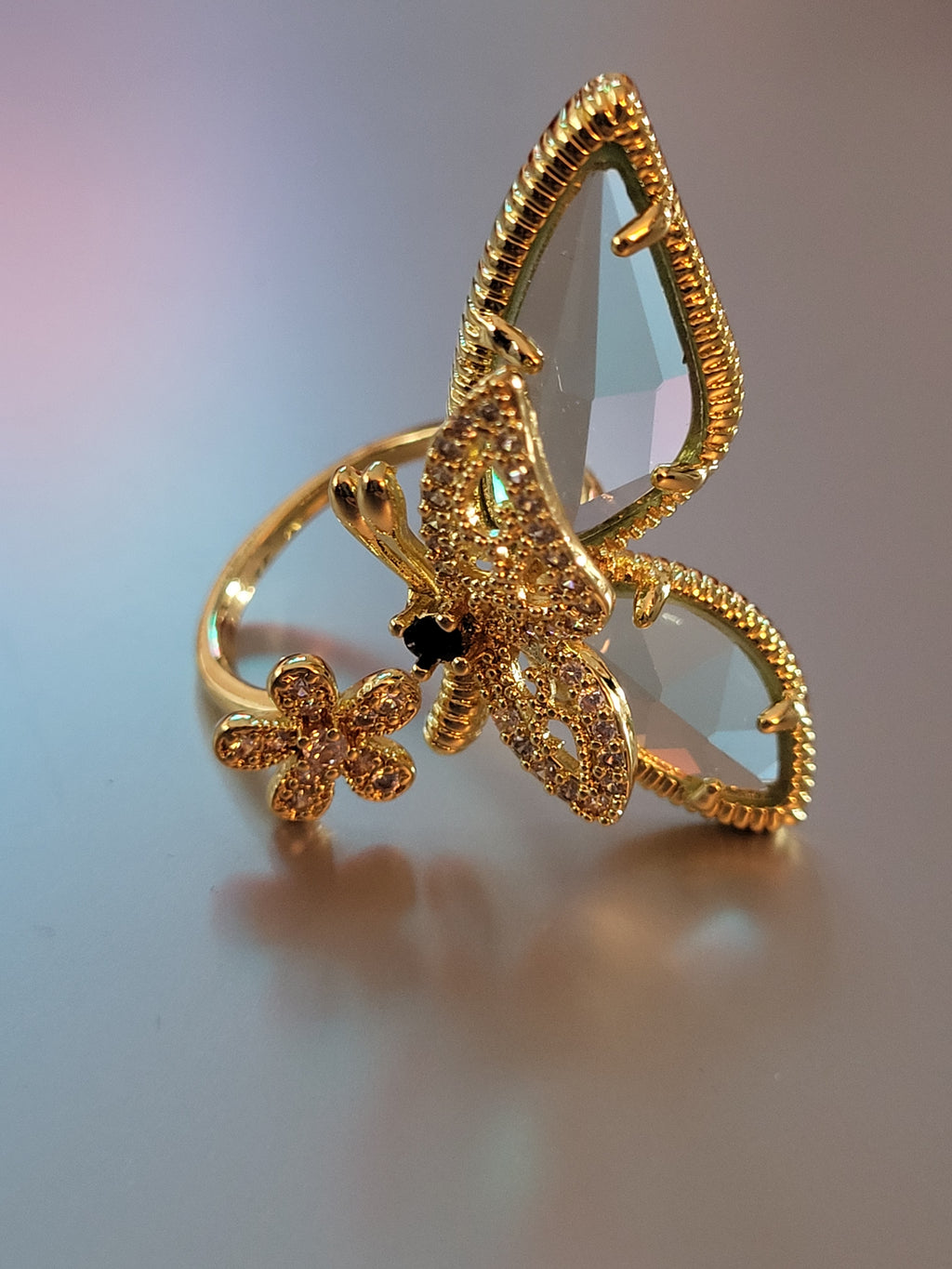 Bague ouverte acier inoxydable doré fleur papillon