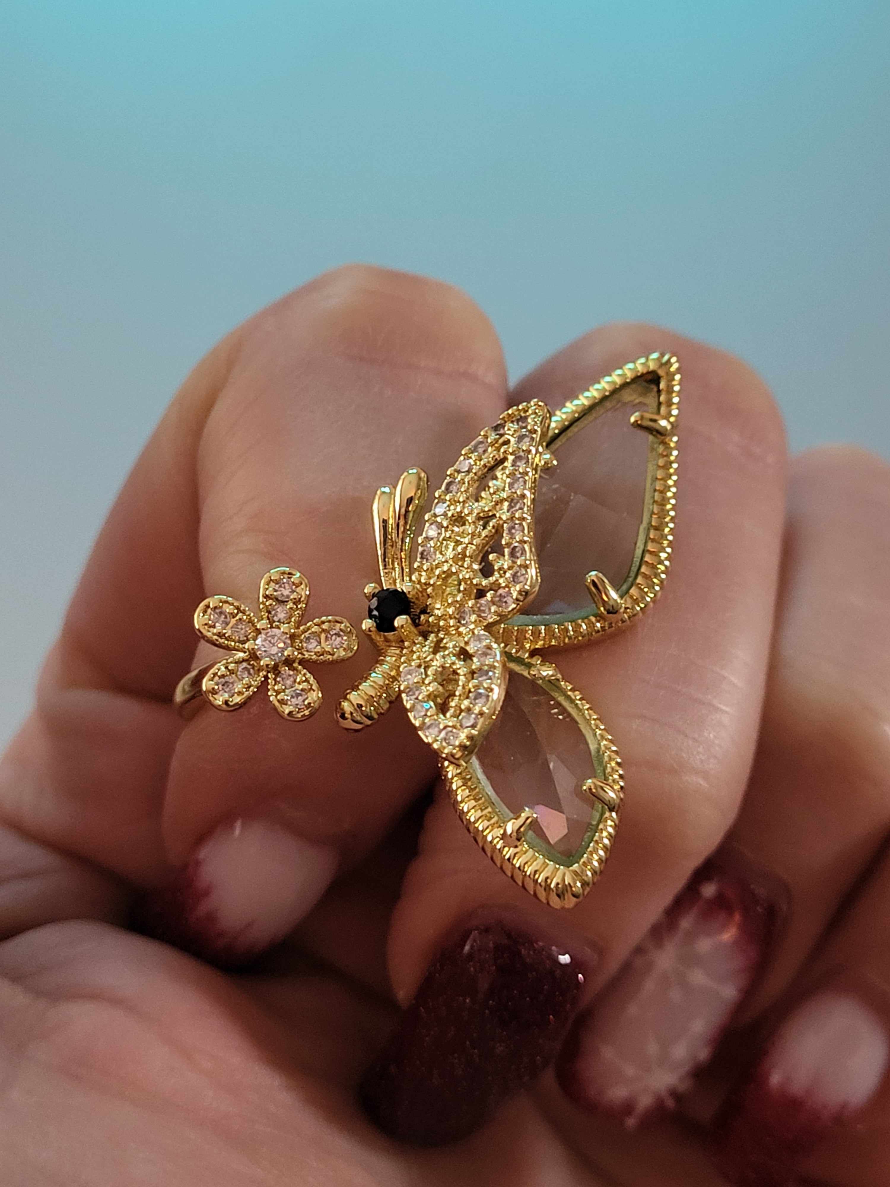 Bague ouverte acier inoxydable doré fleur papillon