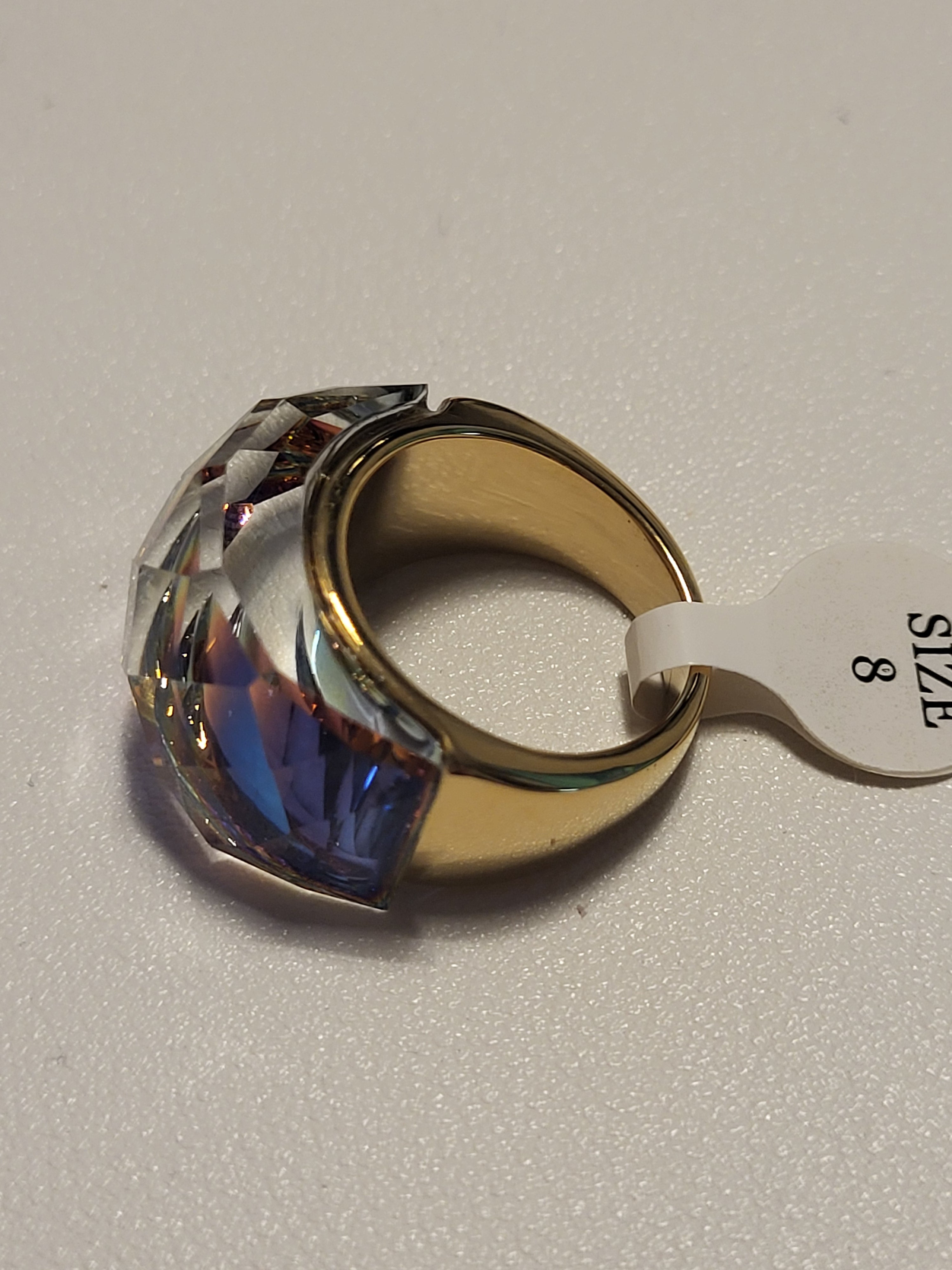 Bague acier inoxydable doré cristal arc en ciel taille 8