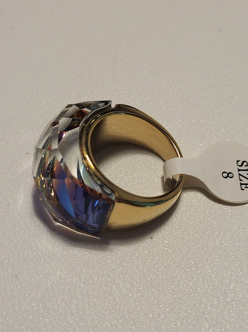 Bague acier inoxydable doré cristal arc en ciel taille 8