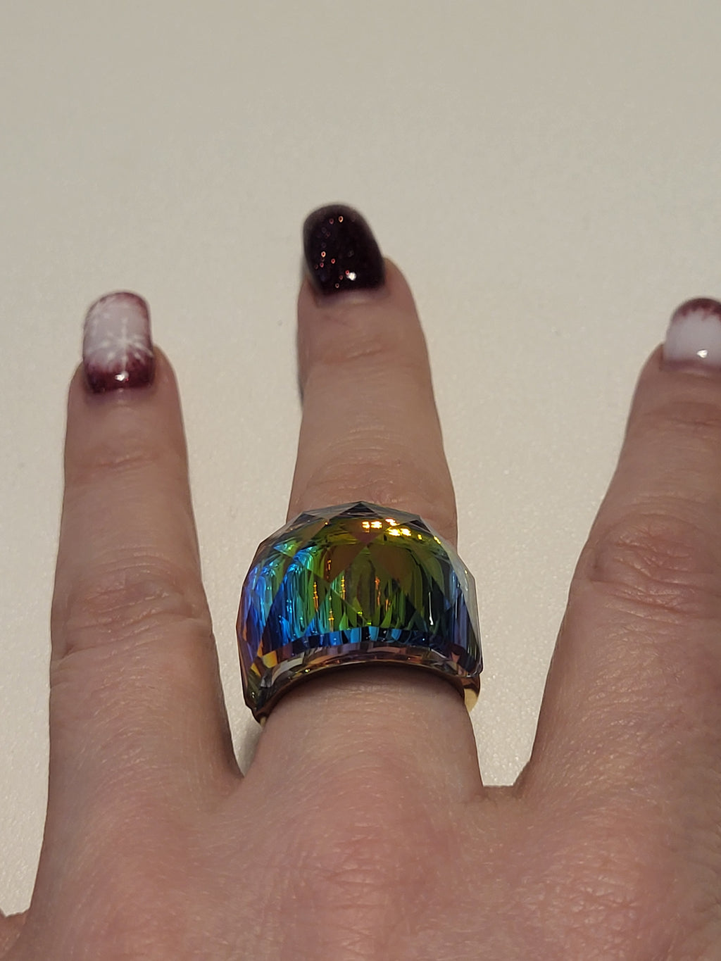Bague acier inoxydable doré cristal arc en ciel taille 8