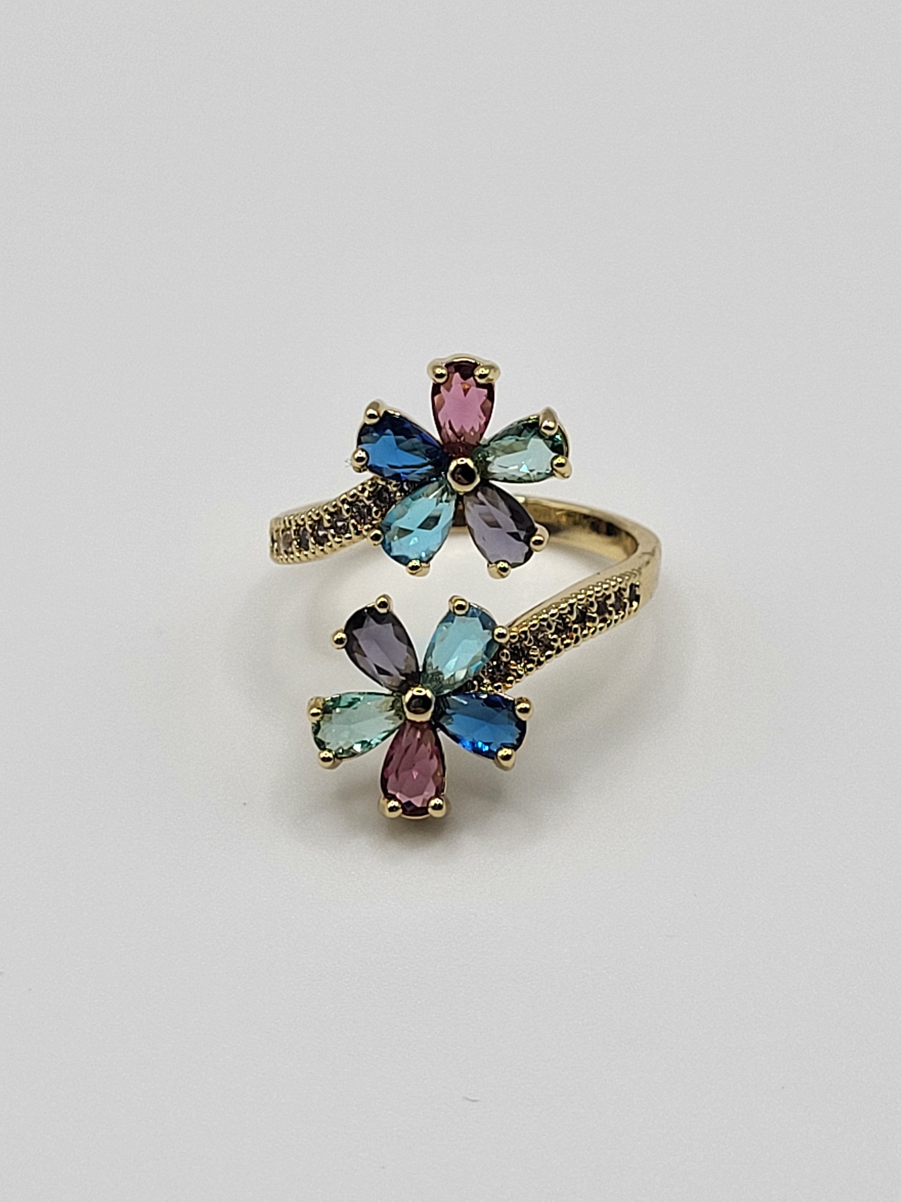 Bague ouverte acier inoxydable doré avec fleurs multicolores