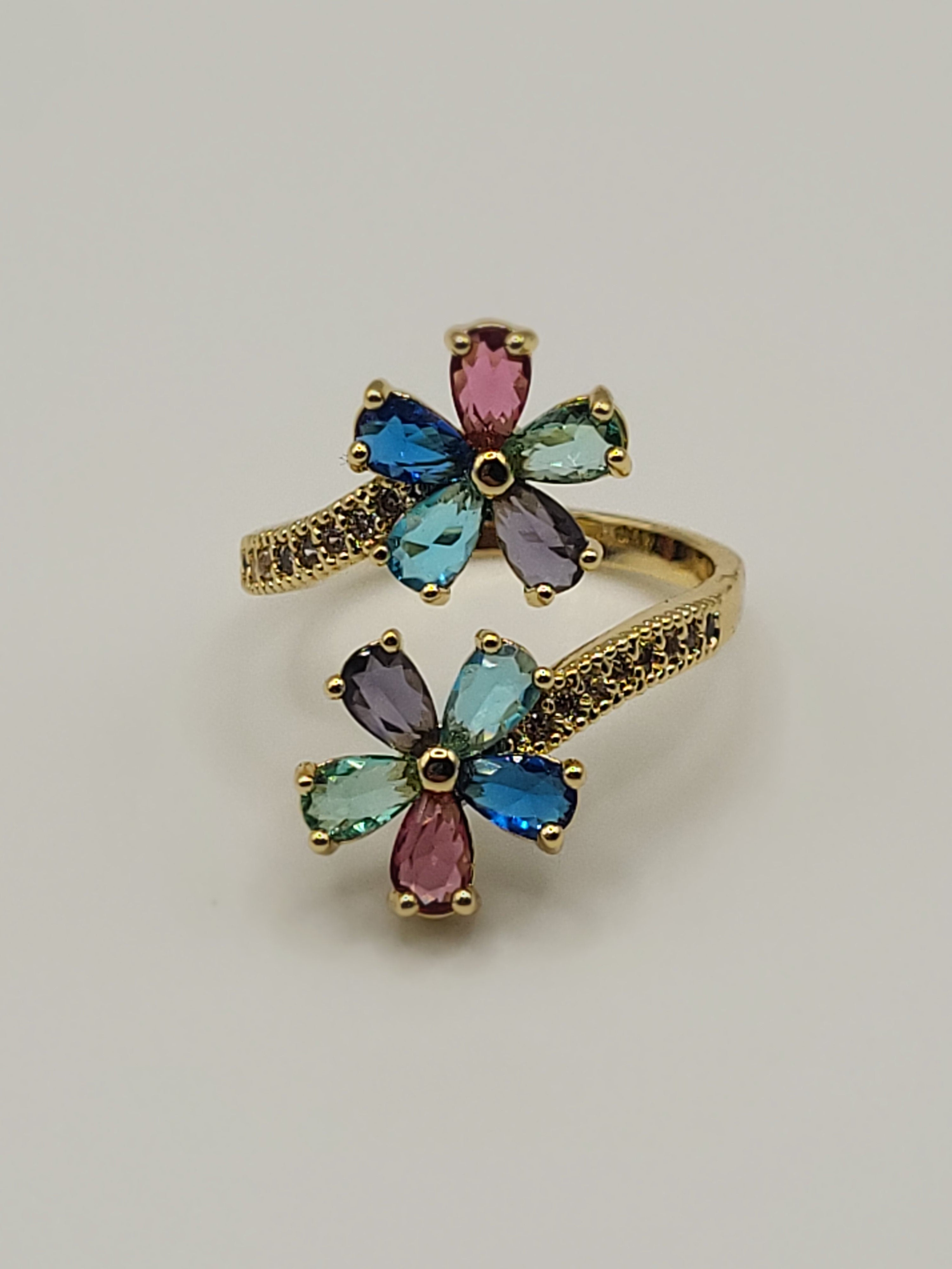 Bague ouverte acier inoxydable doré avec fleurs multicolores