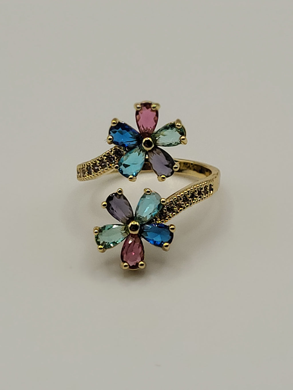 Bague ouverte acier inoxydable doré avec fleurs multicolores