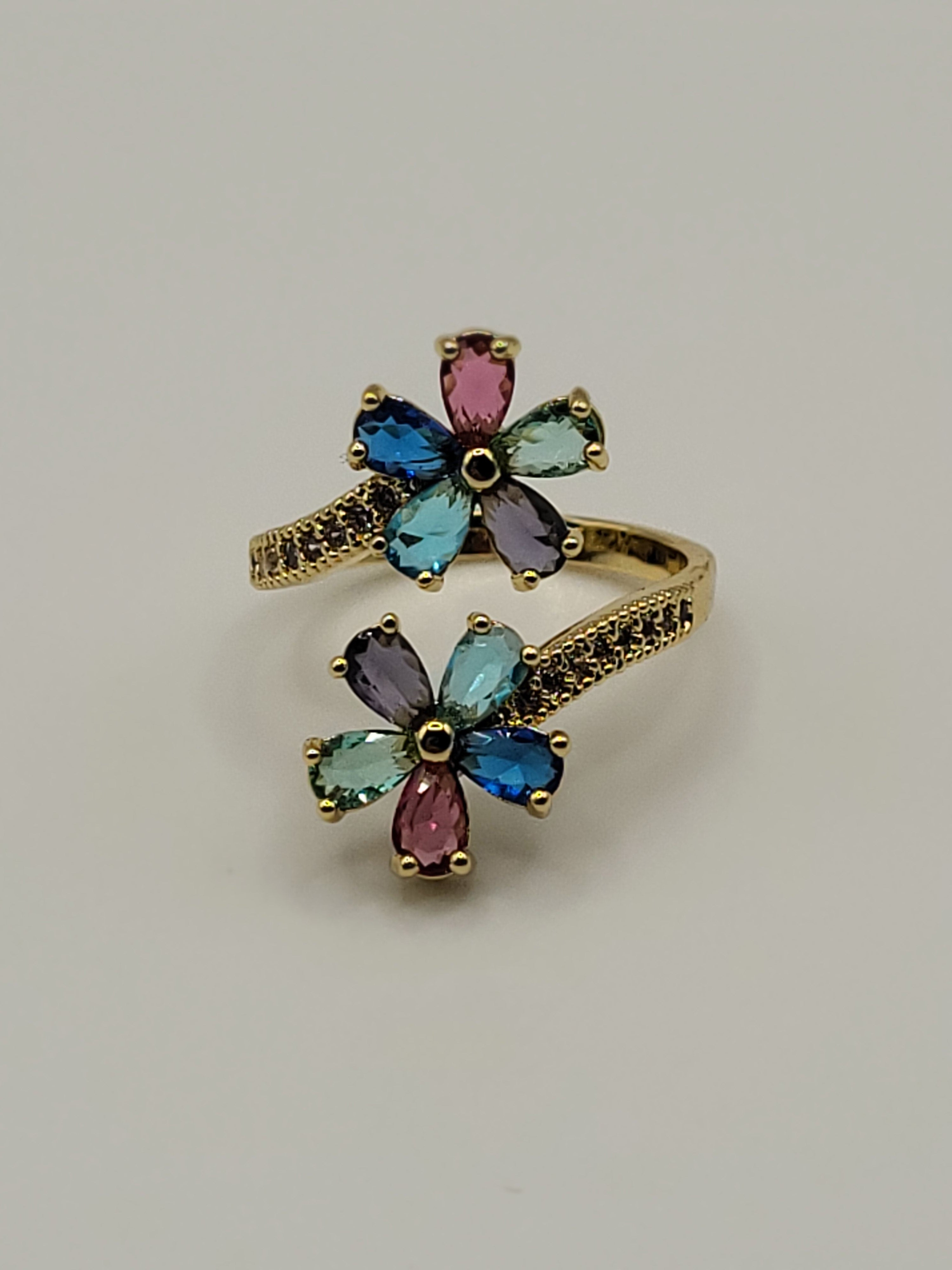 Bague ouverte acier inoxydable doré avec fleurs multicolores