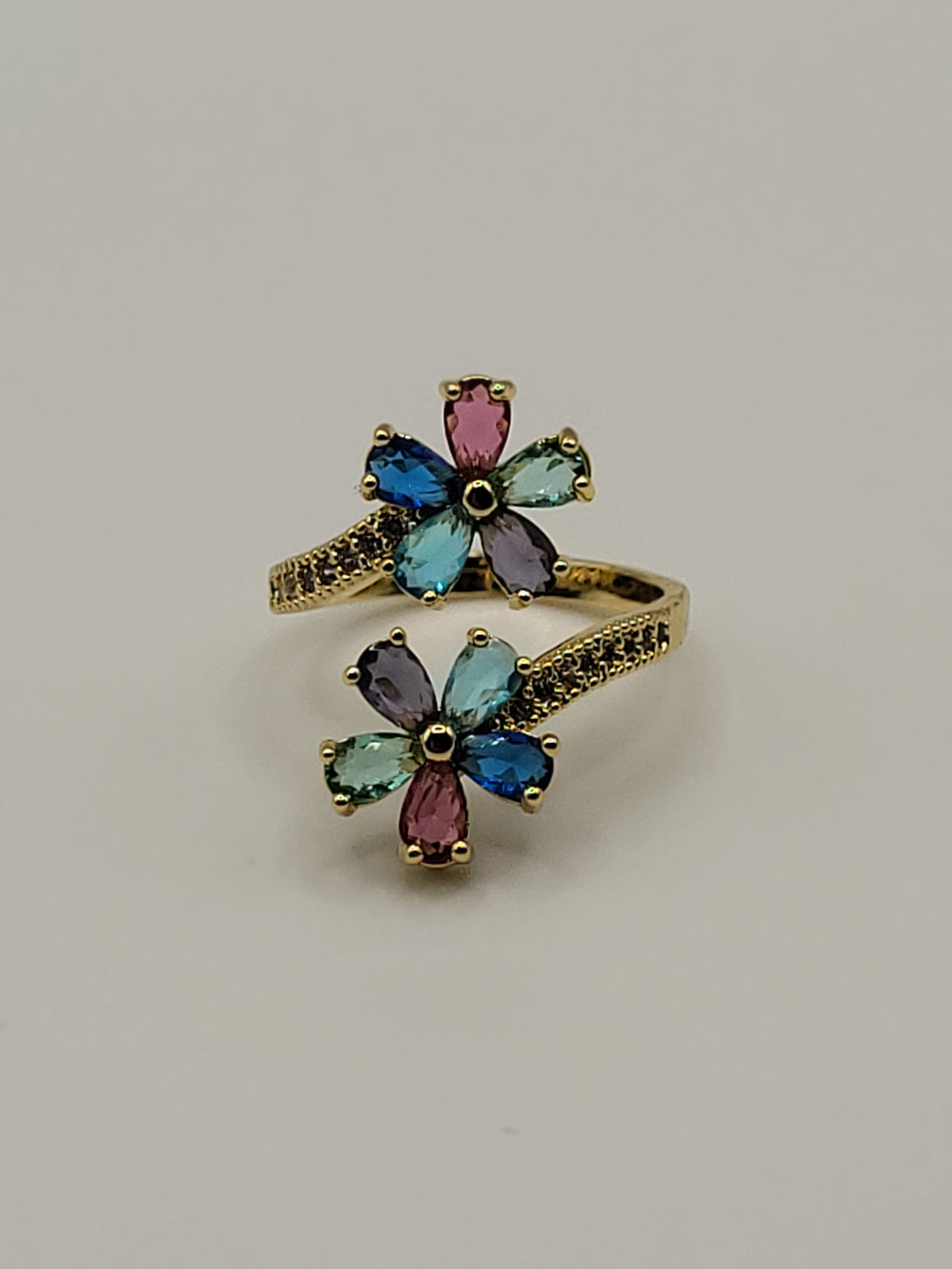 Bague ouverte acier inoxydable doré avec fleurs multicolores