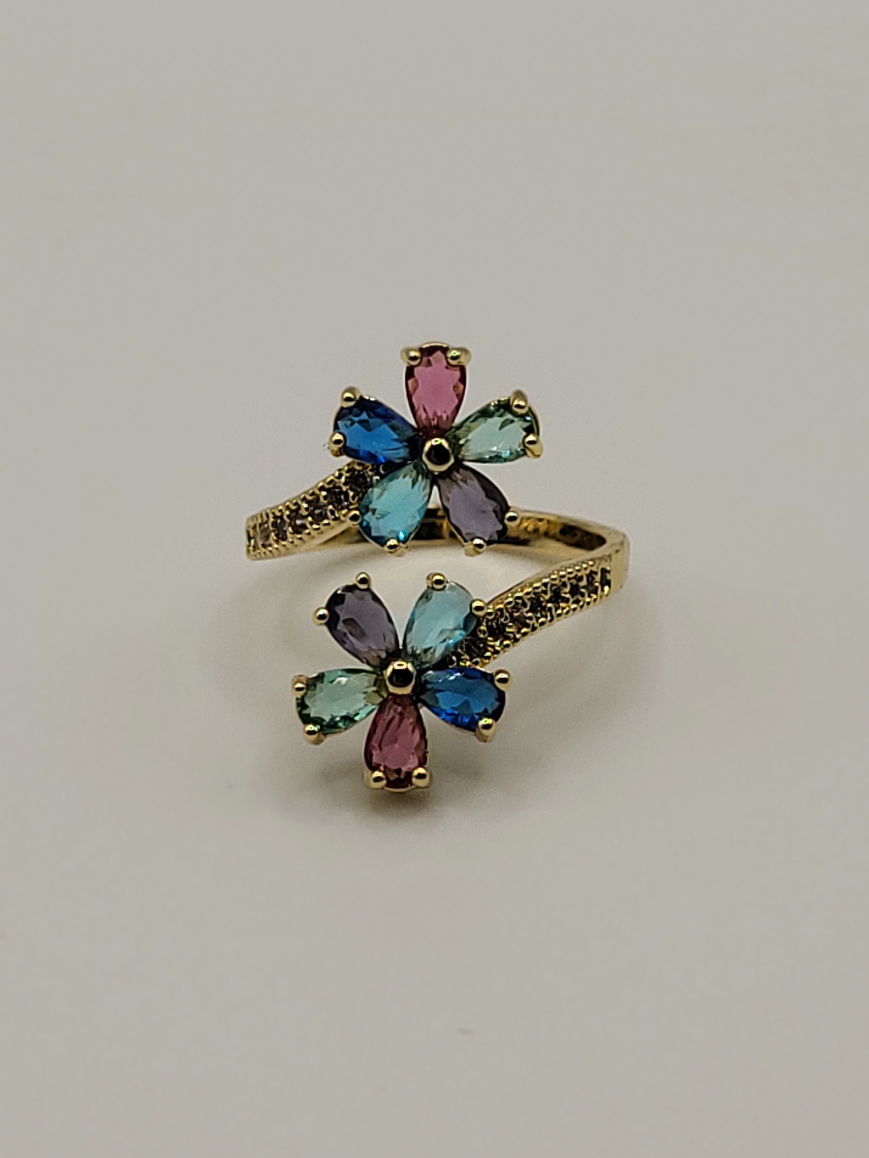 Bague ouverte acier inoxydable doré avec fleurs multicolores