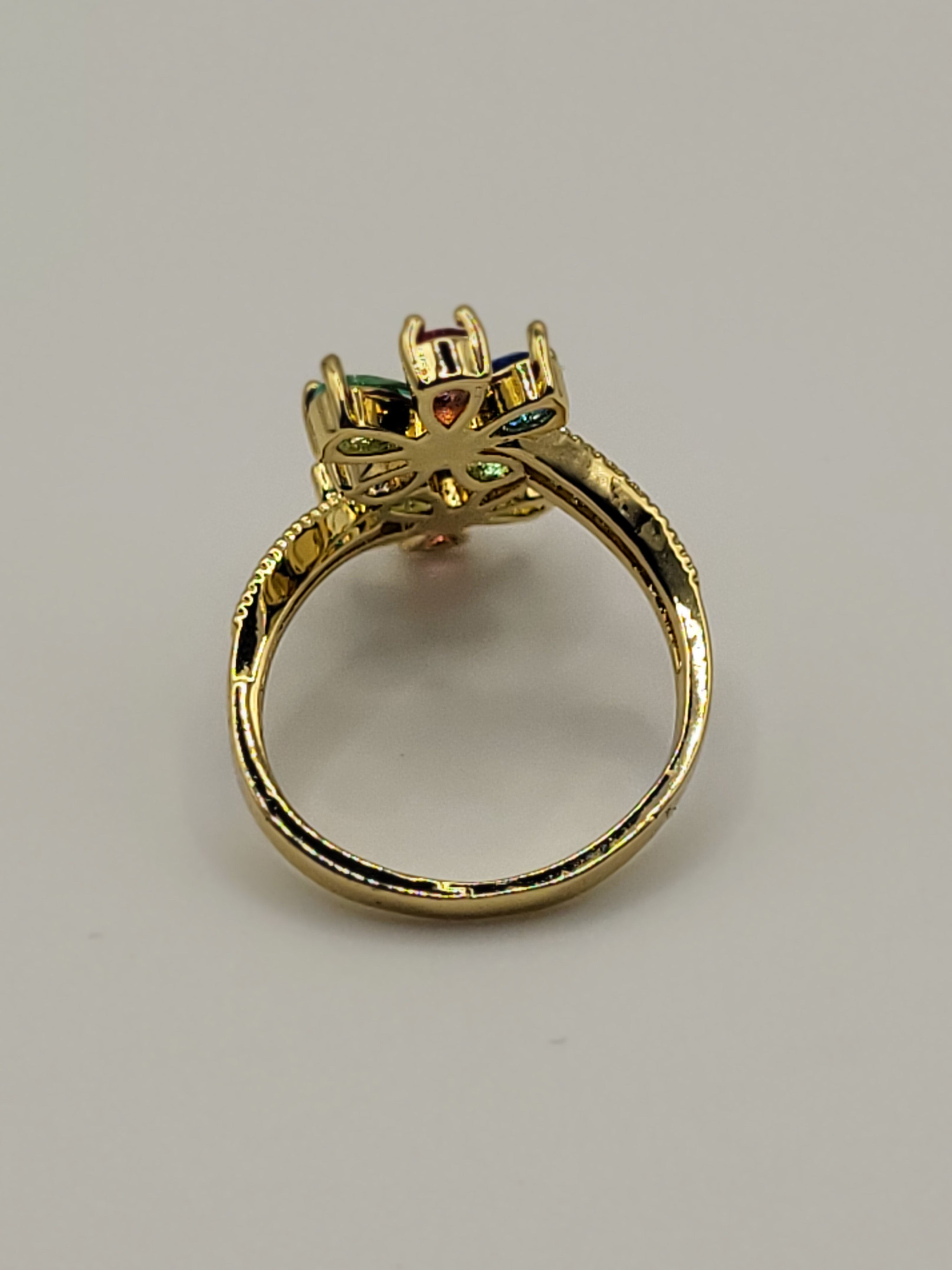 Bague ouverte acier inoxydable doré avec fleurs multicolores