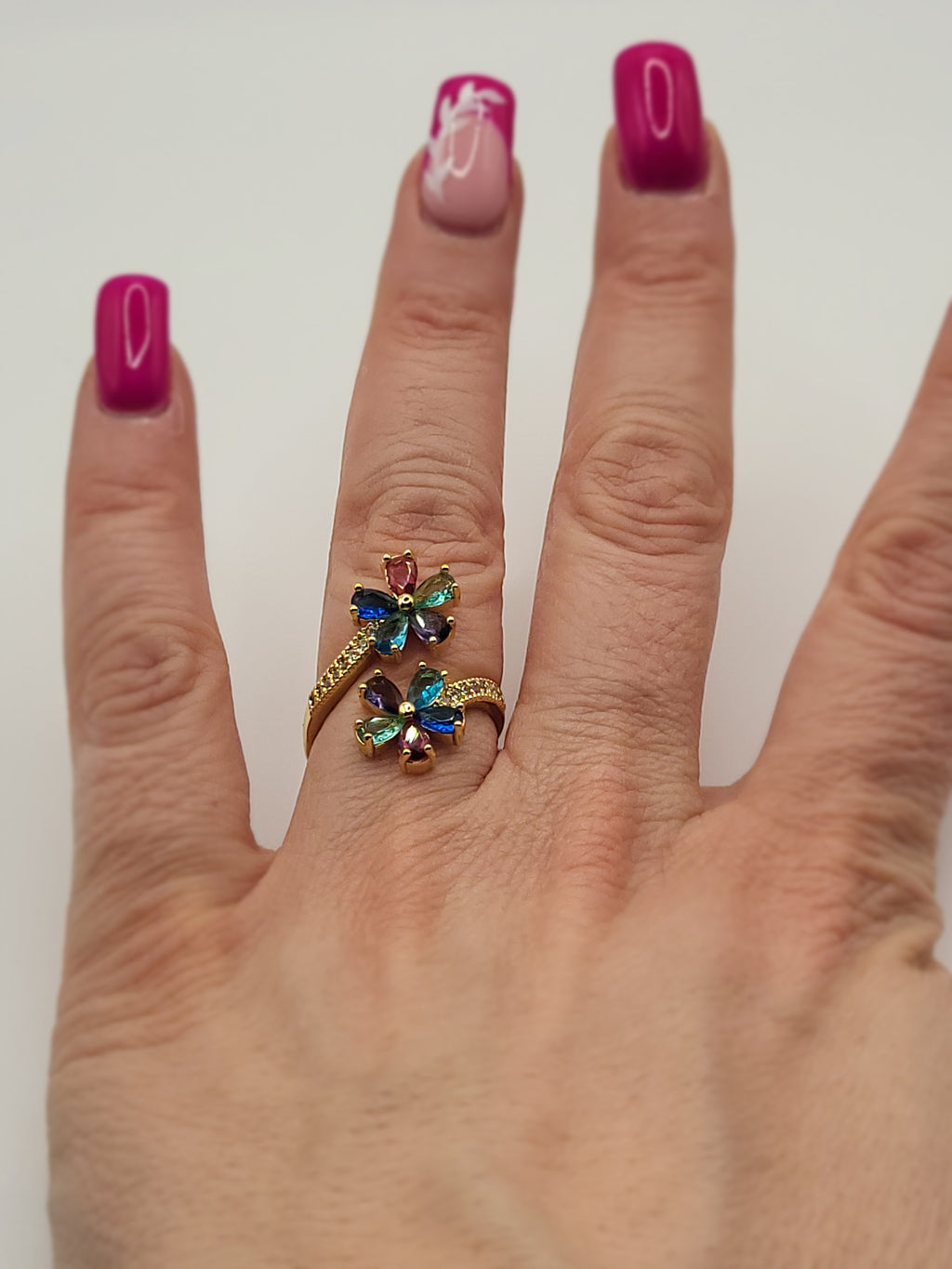 Bague ouverte acier inoxydable doré avec fleurs multicolores