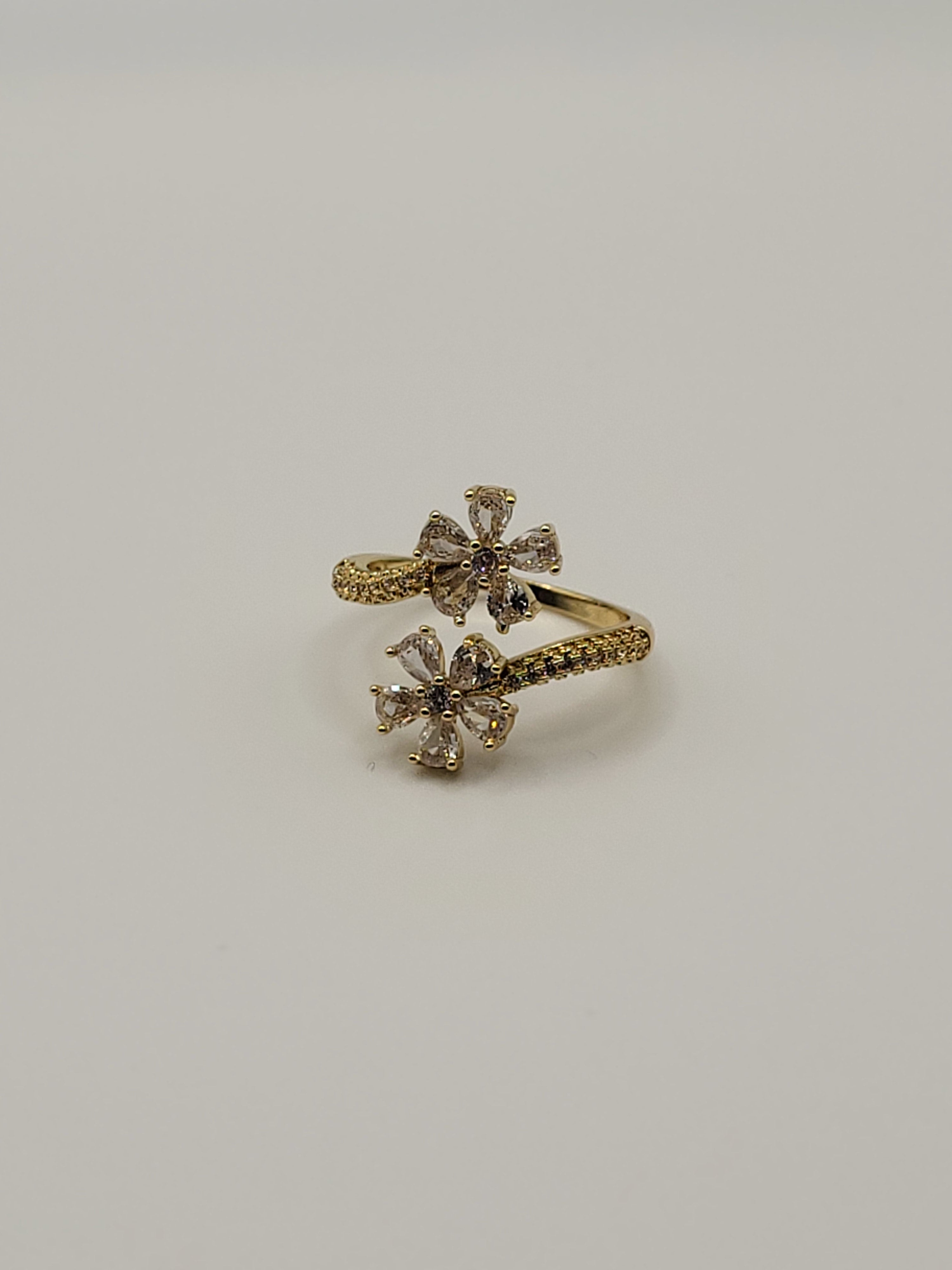 Bague ouverte acier inoxydable doré avec fleurs en zircon blanc