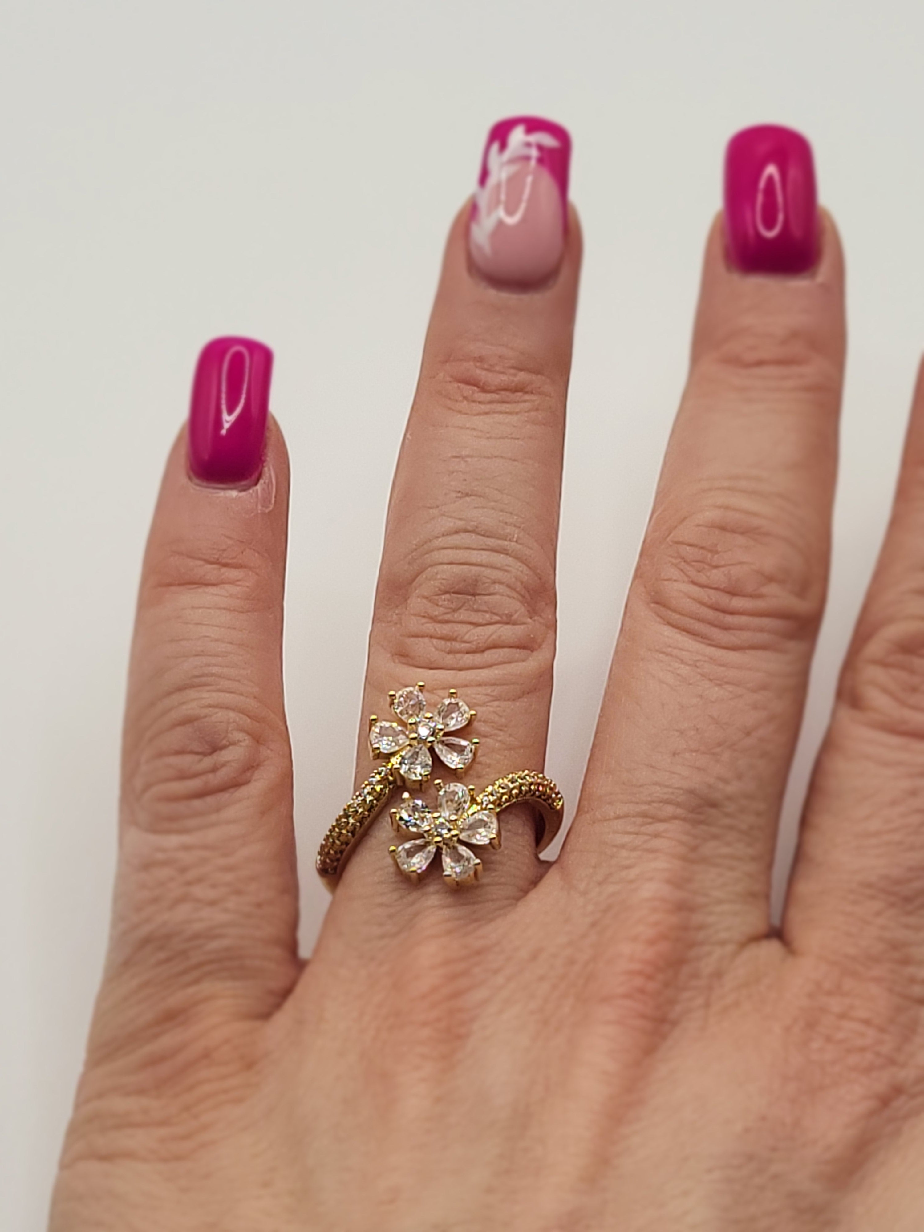Bague ouverte acier inoxydable doré avec fleurs en zircon blanc