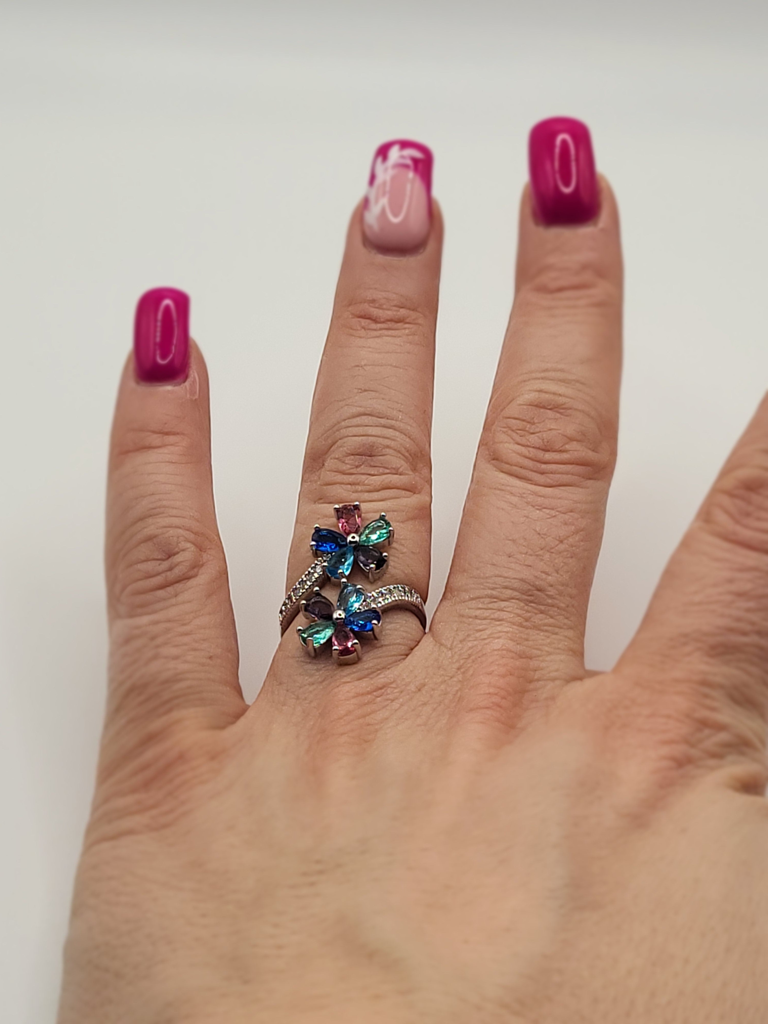 Bague ouverte acier inoxydable argenté avec fleurs multicolores