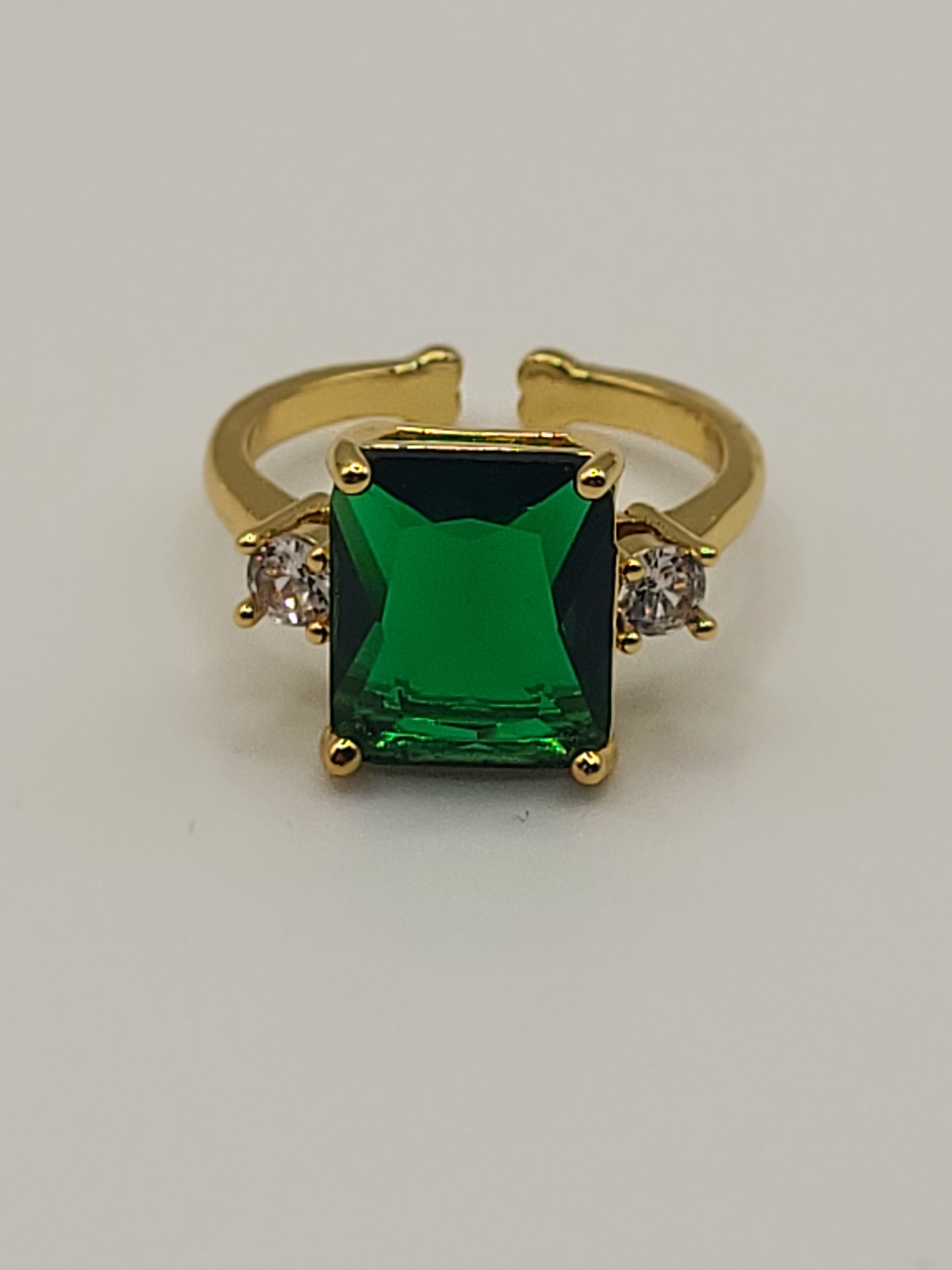 Bague en acier inoxydable doré ajustable pierre carrée zircon vert